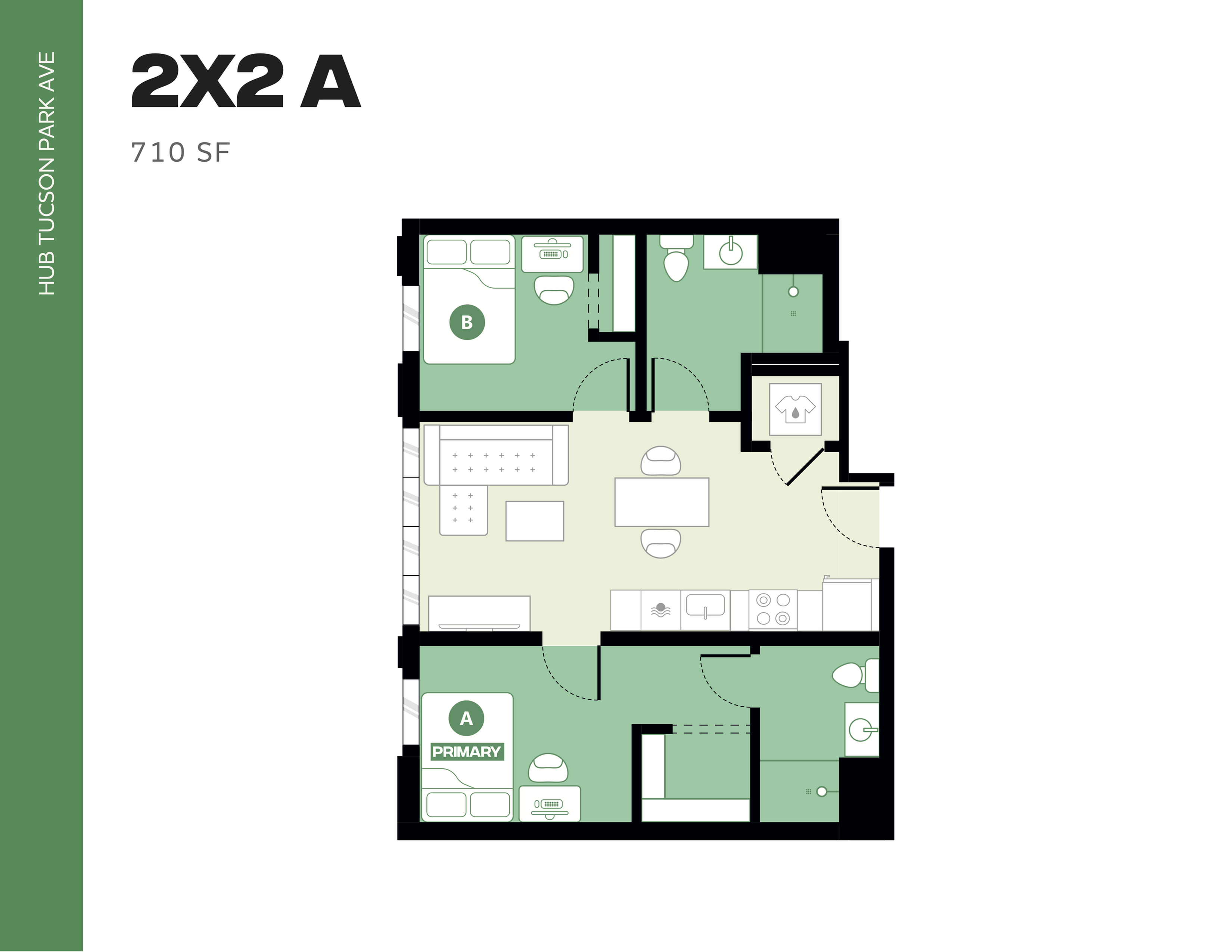 Modern floor plan at Hub Tucson Park Ave showcasing 2 bedrooms, 2 bathrooms, open living area, and stylish kitchen in 710 SF.