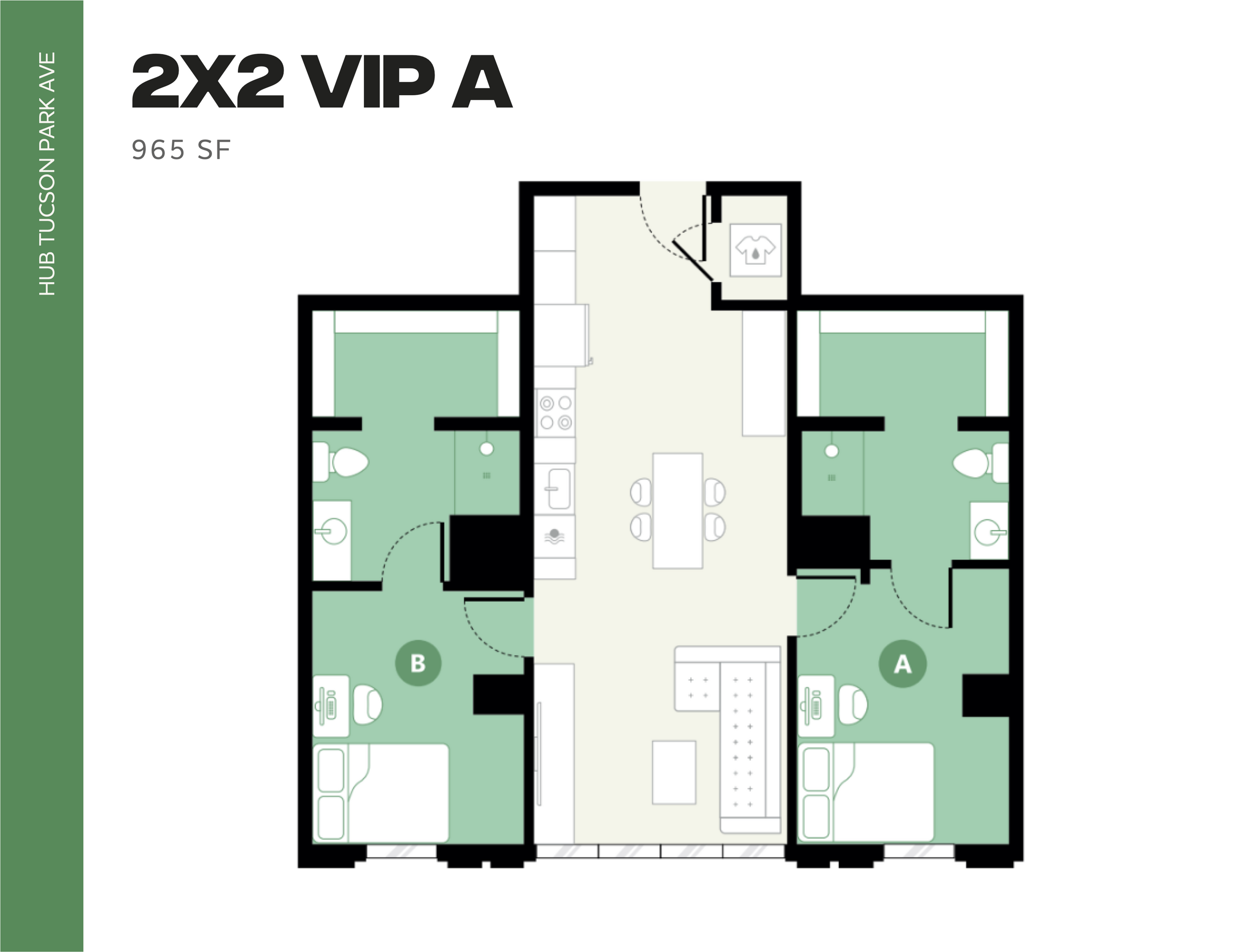 Sleek 2X2 VIP A floor plan at Hub Tucson Park Ave with 965 sq ft, featuring two spacious bedrooms, modern bathrooms, and an inviting open-concept living area.