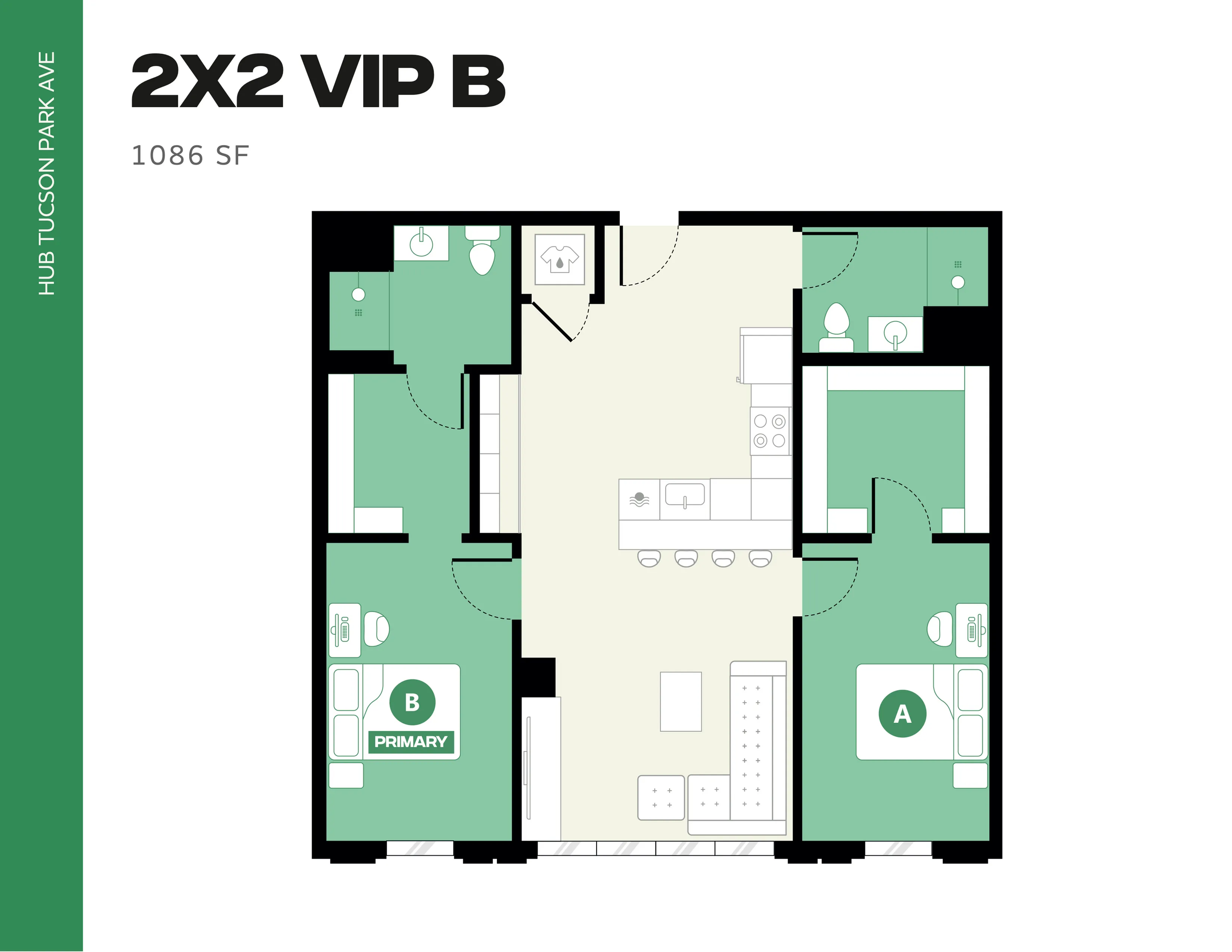 Modern 2X2 VIP B floor plan with 1086 SF showcasing two spacious bedrooms, open kitchen, and inviting living area at Hub Tucson Park Ave.
