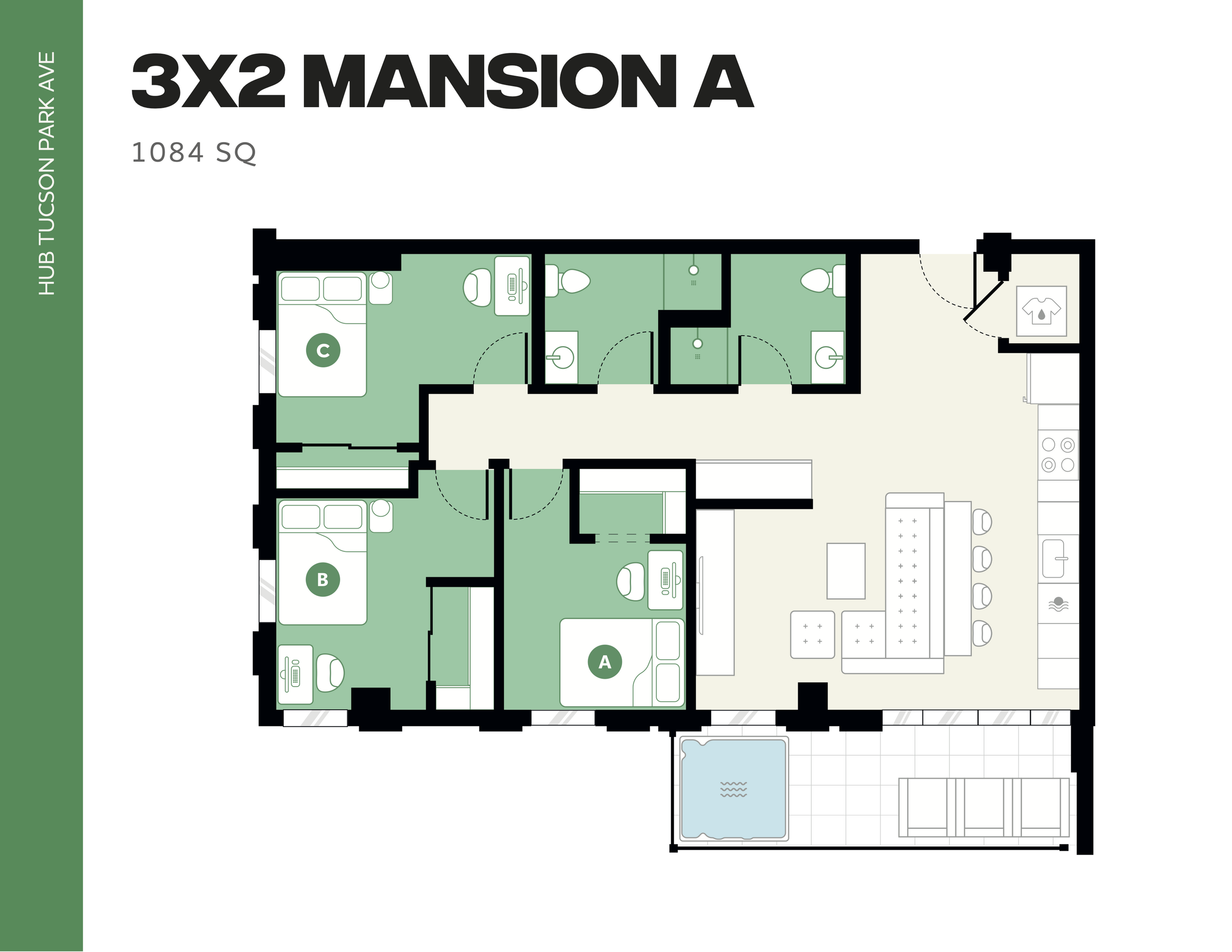 3x2 Mansion A floor plan at Hub Tucson Park Ave, featuring 3 bedrooms, 2 bathrooms, an open-concept kitchen and living area, and a spacious layout of 1084 sq ft.