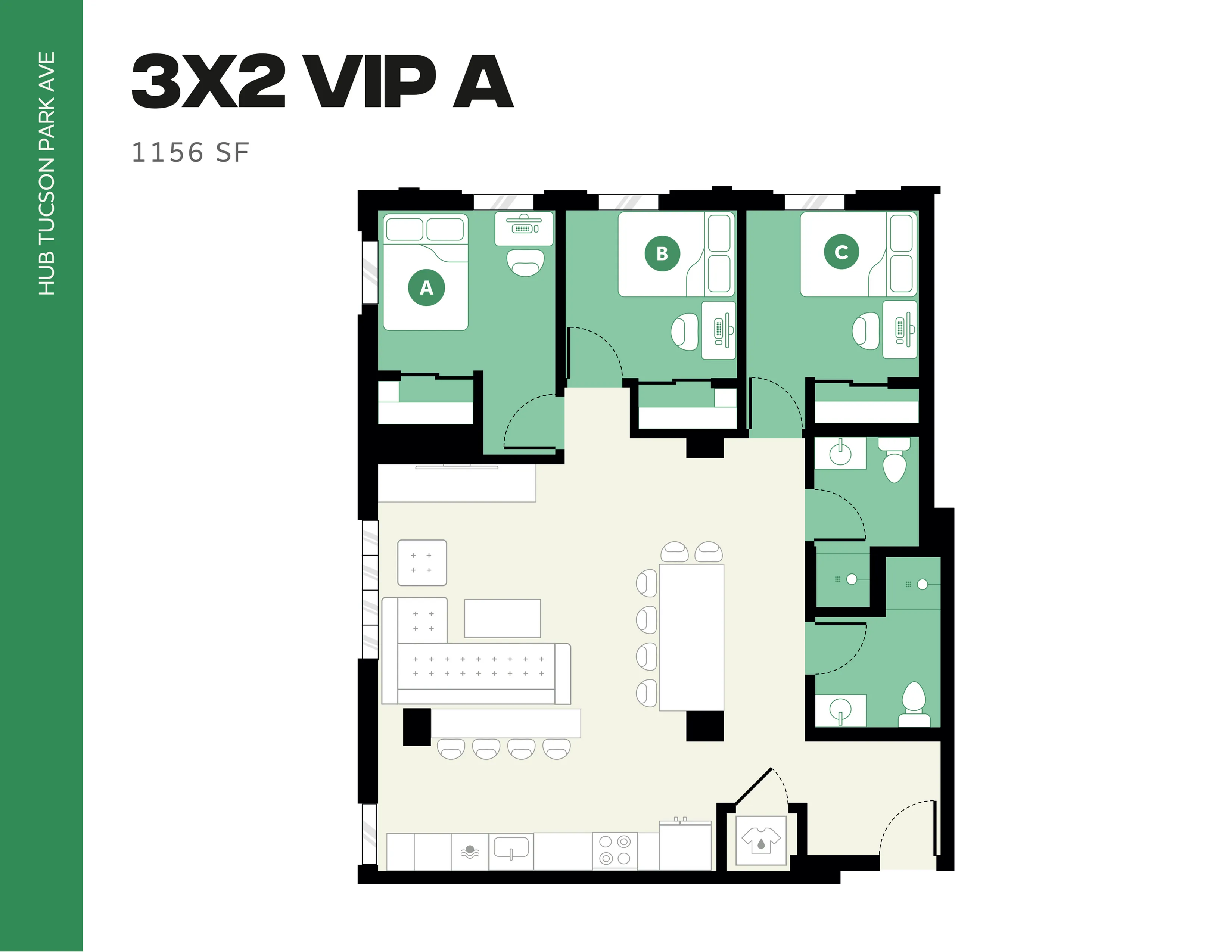 Modern 3X2 VIP A floor plan at Hub Tucson Park Ave showcasing 1156 sq ft with three spacious bedrooms, two bathrooms, and an open living and kitchen area.