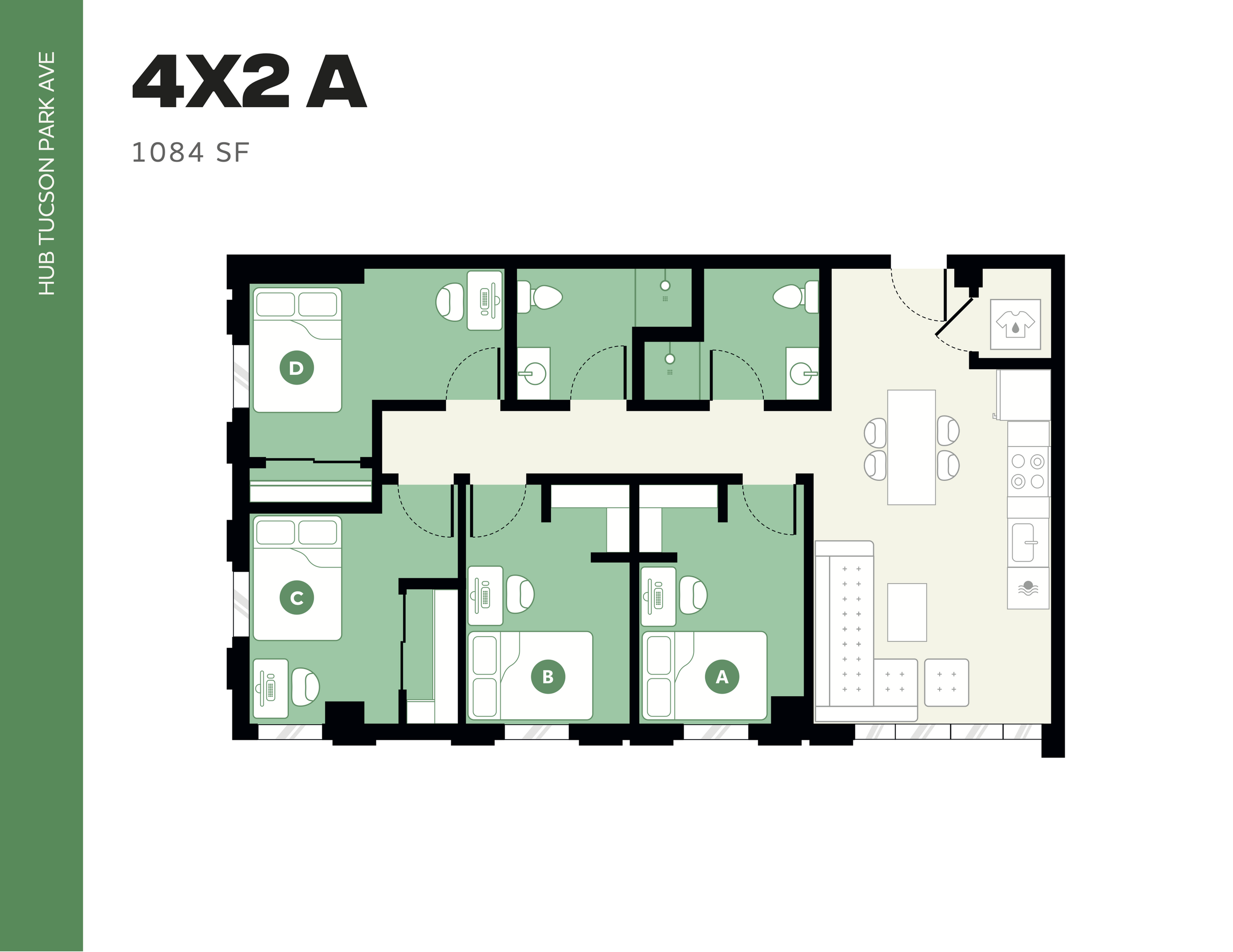 Modern 4-bedroom apartment floor plan at HUB Tucson Park Ave, featuring spacious living area and kitchen, 1084 sq ft.