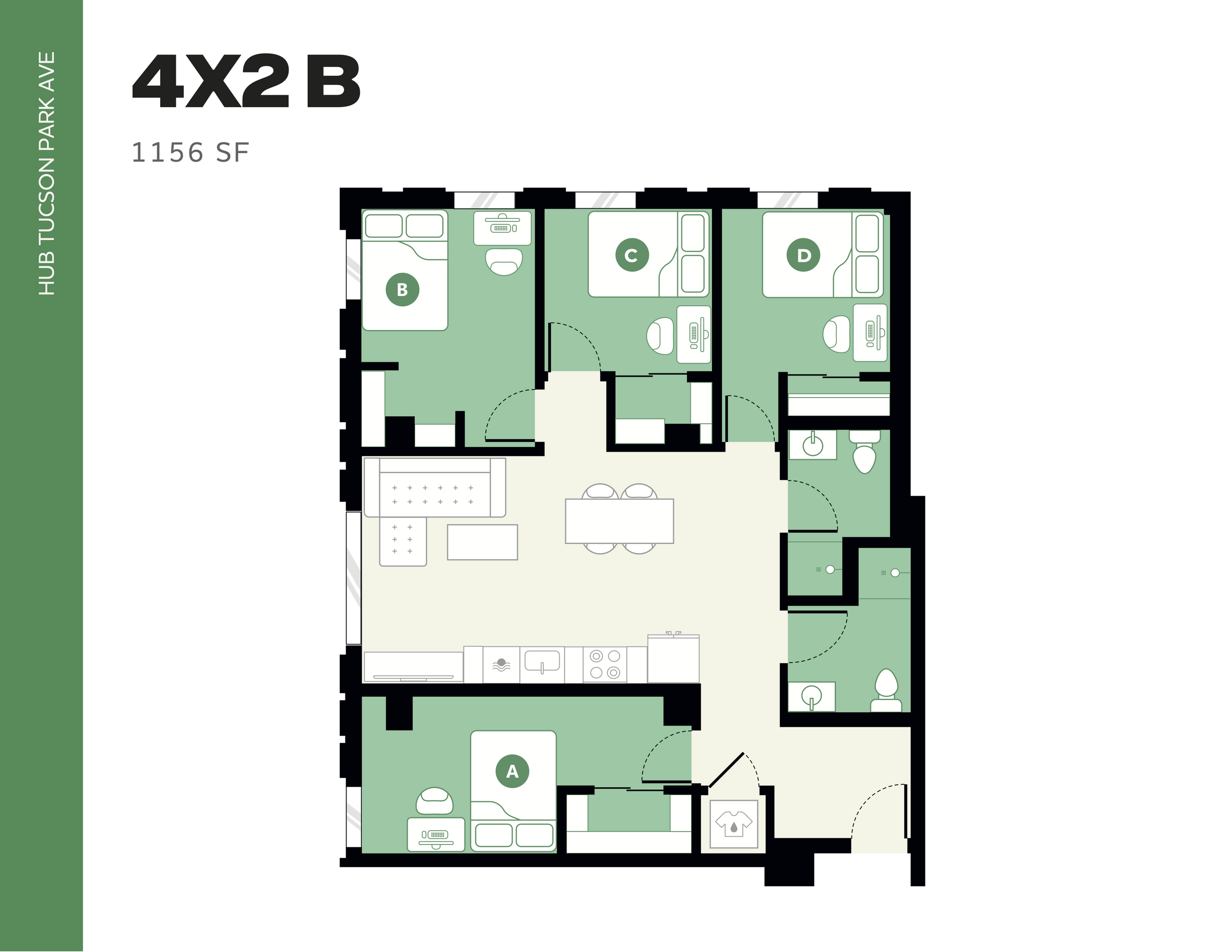 Modern and practical 4-bedroom apartment floor plan with spacious living area, kitchen, and bathrooms, covering 1156 square feet in Hub Tucson Park Ave.