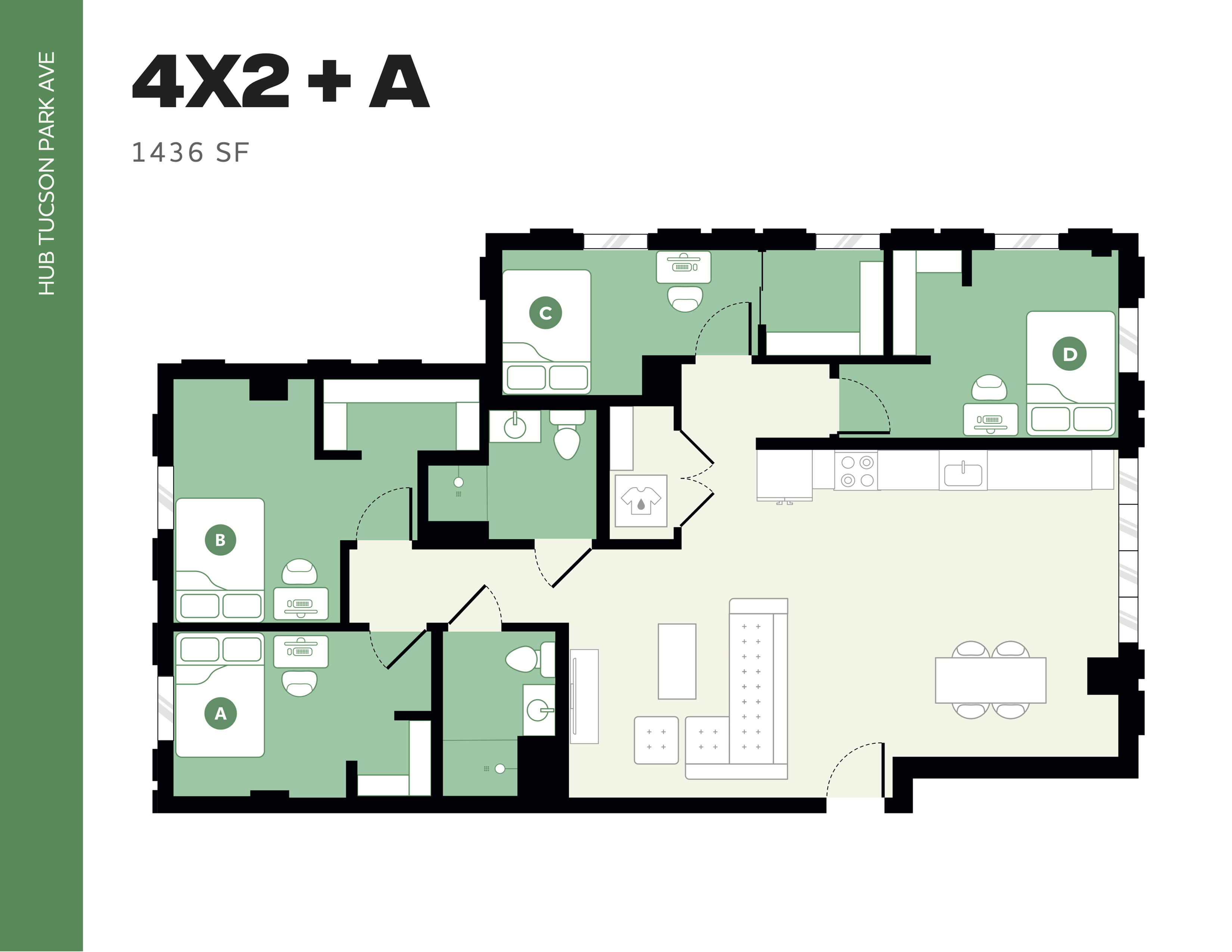 Modern 4-bedroom, 2-bathroom floor plan for Hub Tucson Park Ave, featuring a spacious open-concept living and kitchen area, perfect for comfortable living. Total area of 1436 sq ft.
