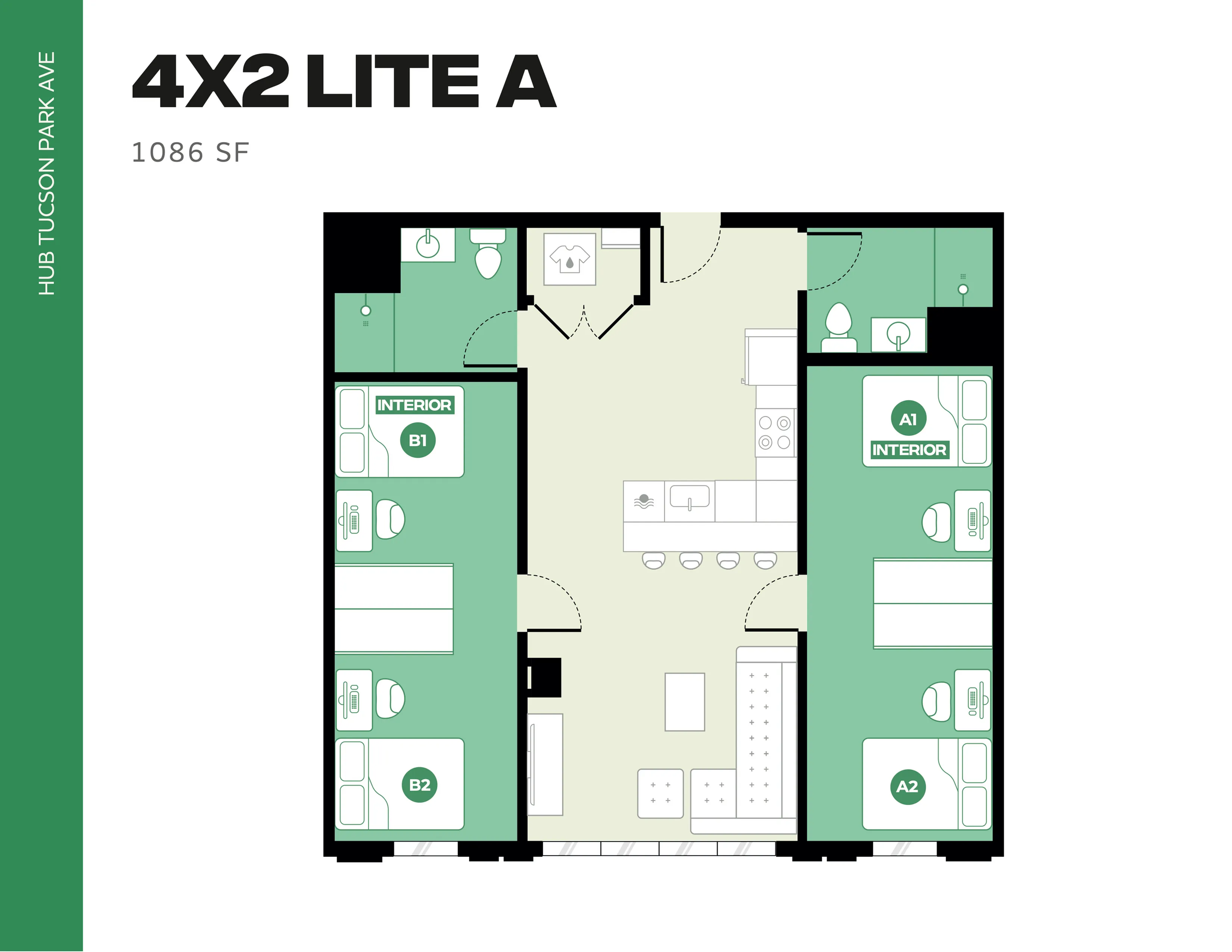 Modern 4-bedroom, 2-bathroom floor plan at Hub Tucson Park Ave, featuring an open-concept living area and kitchen, 1086 square feet.