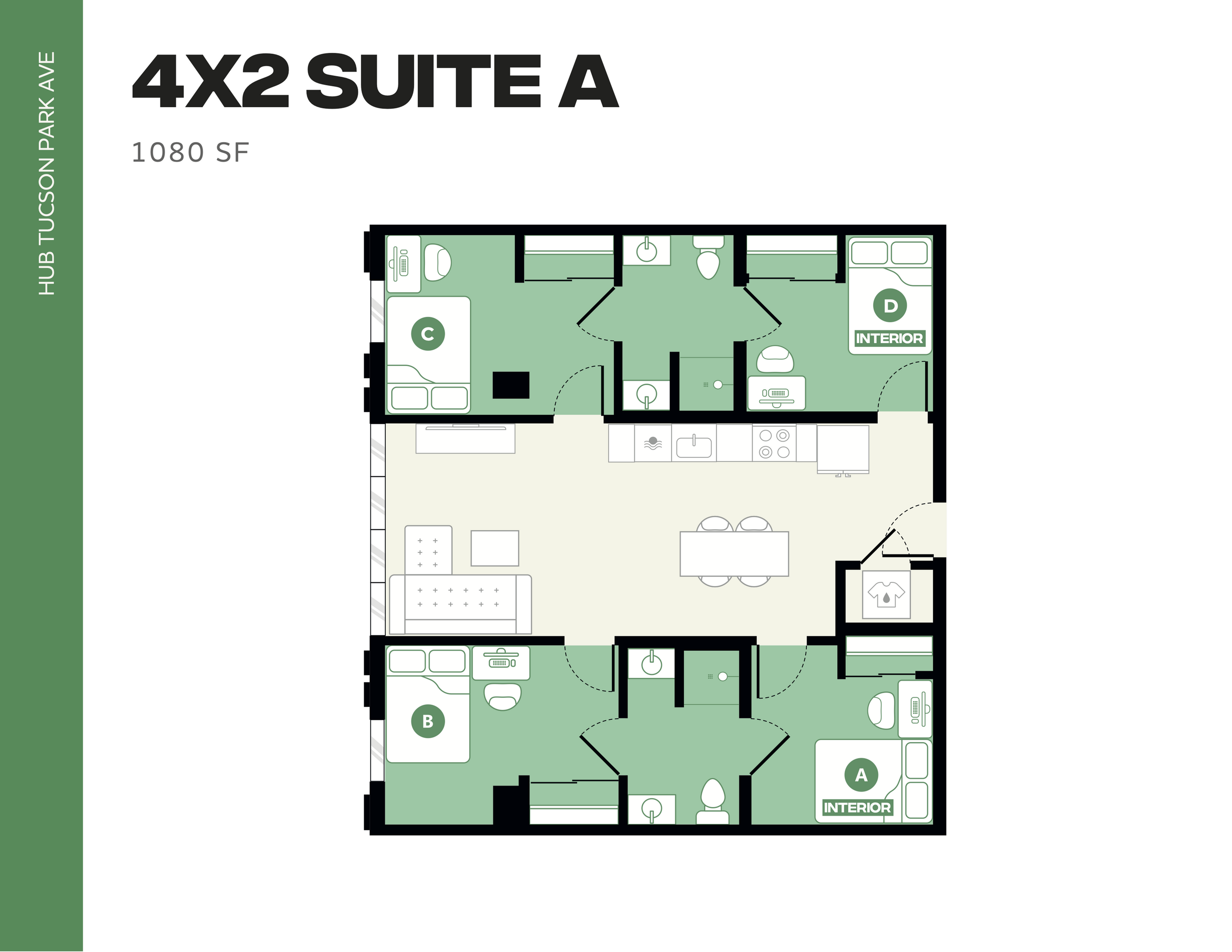 Modern 4X2 Suite A floor plan featuring four bedrooms, two bathrooms, and an open living and kitchen area, covering 1080 sq ft at Hub Tucson Park Ave.