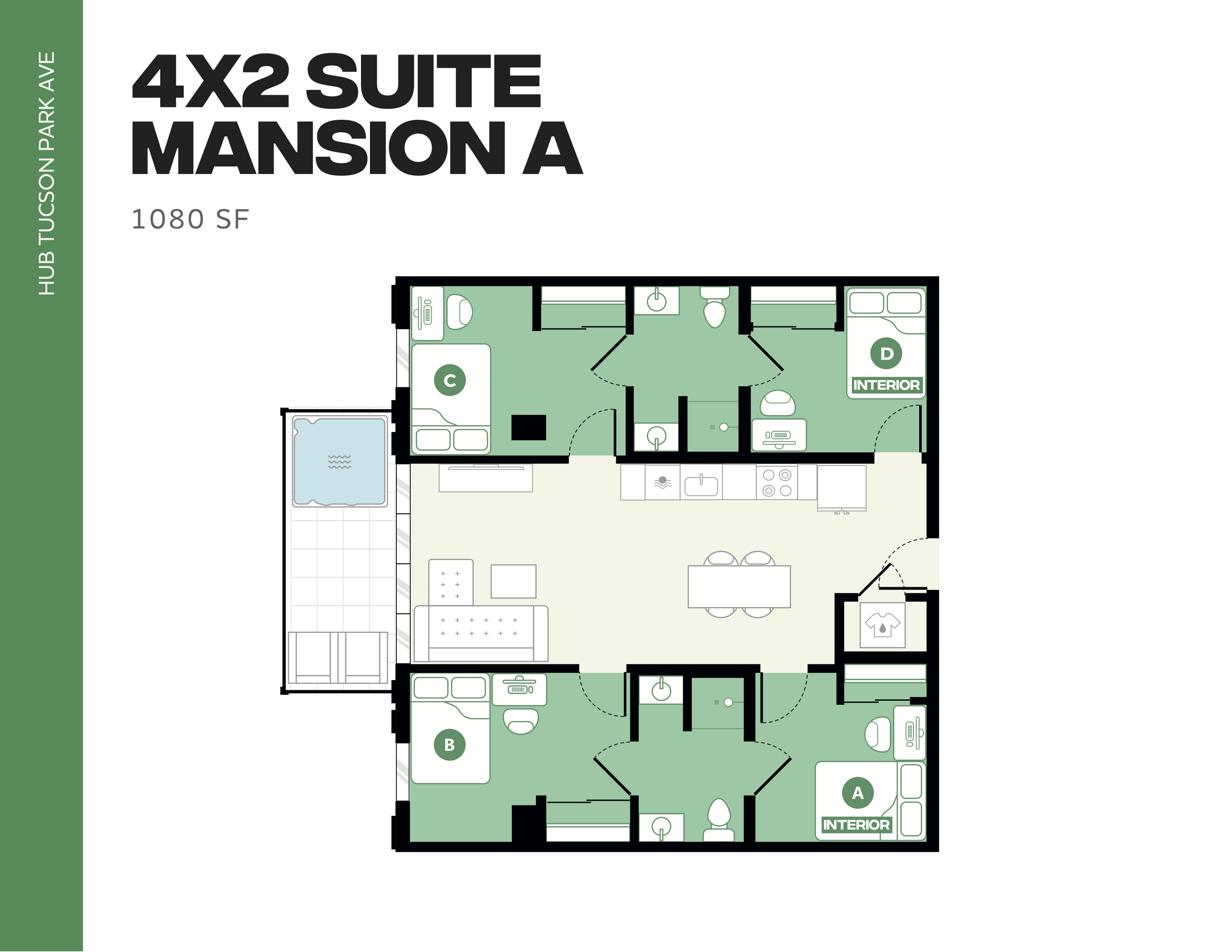 Modern 4x2 suite floor plan with four cozy bedrooms, open living area, and sleek kitchen at Hub Tucson Park Ave. Spacious 1080 sq ft layout.