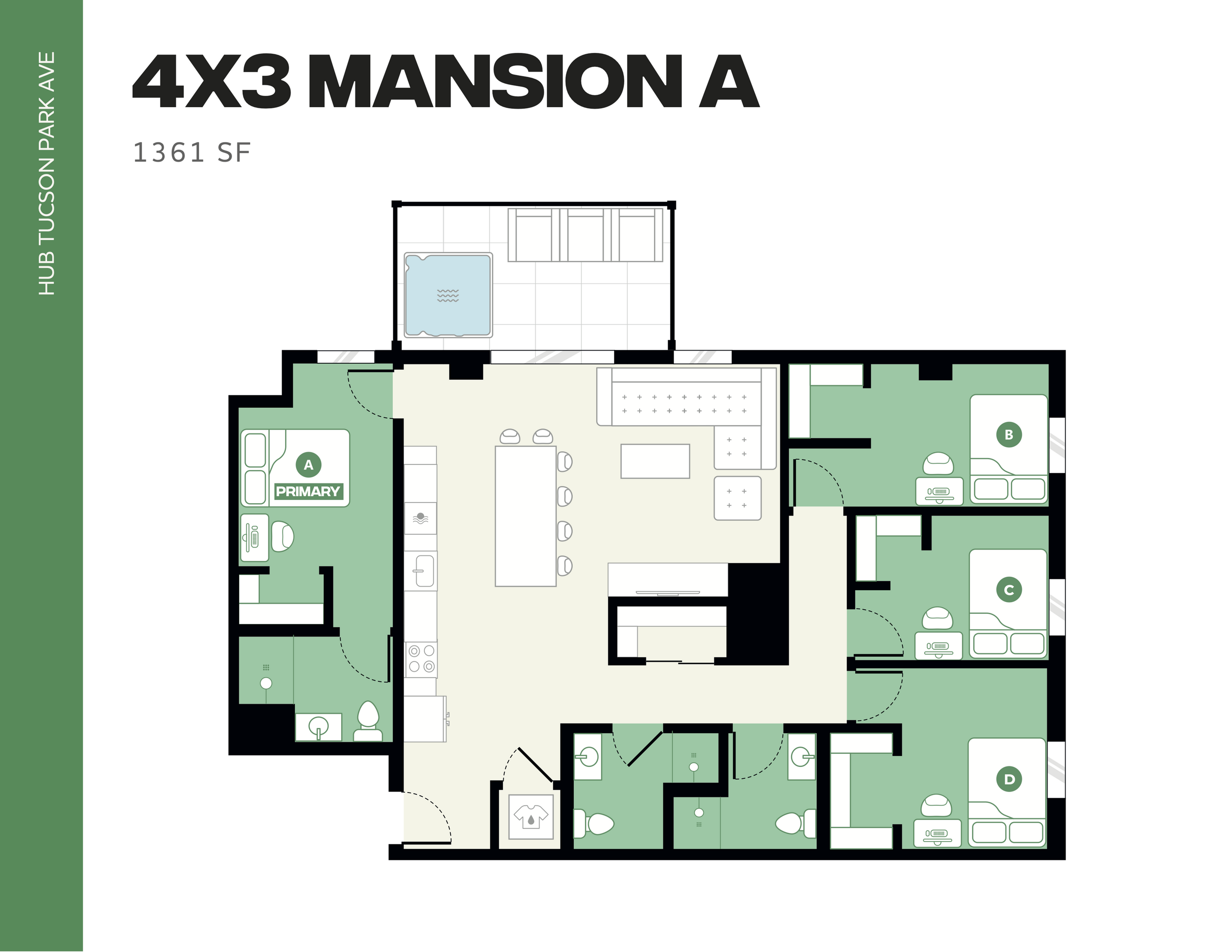 4X3 Mansion A floor plan featuring four bedrooms, a sleek open-concept living area, and a modern kitchen, totaling 1361 square feet at Hub Tucson Park Ave.