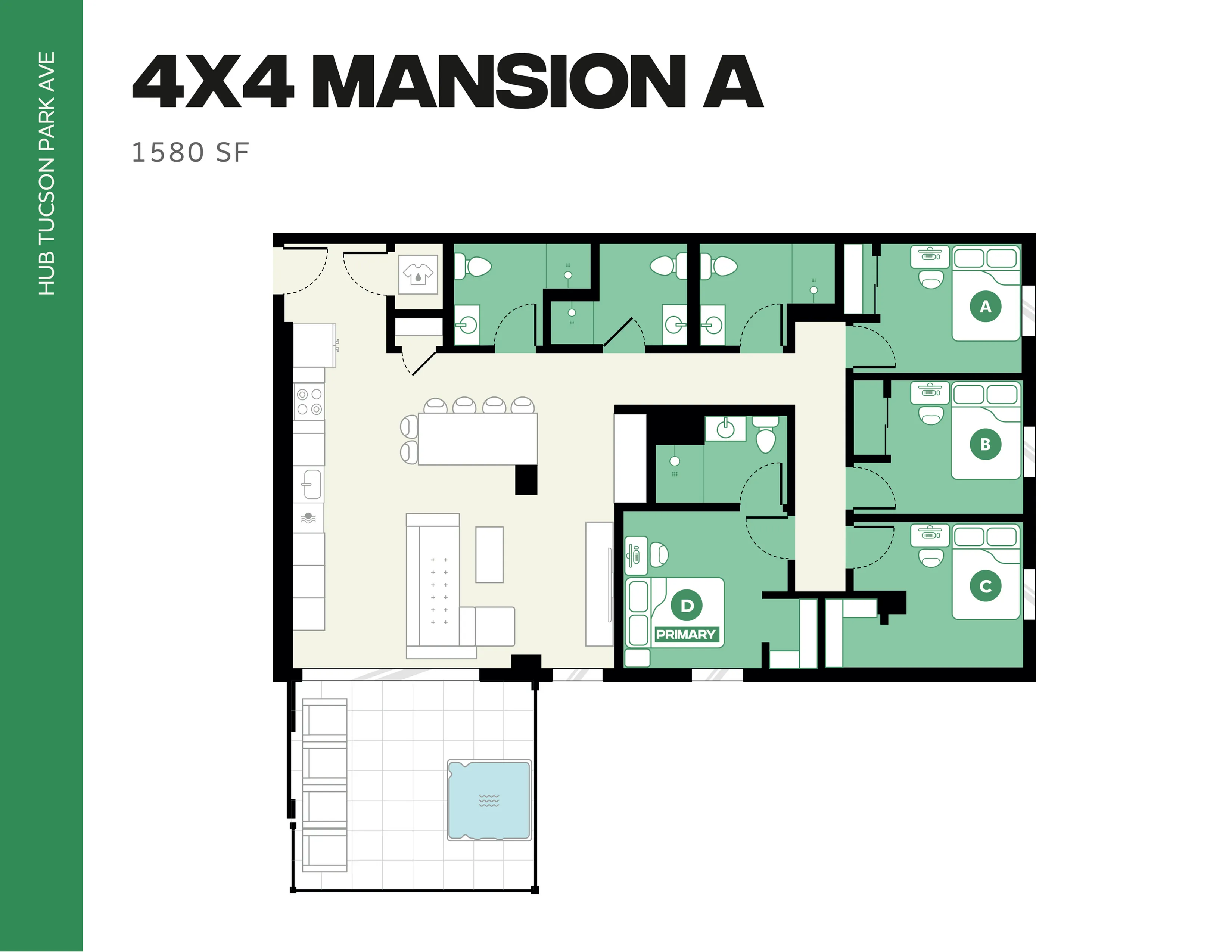Elegant floor plan of Mansion A, offering 4 luxurious bedrooms, an expansive open living area, a modern kitchen, and a private outdoor space, spread over 1580 sq ft.