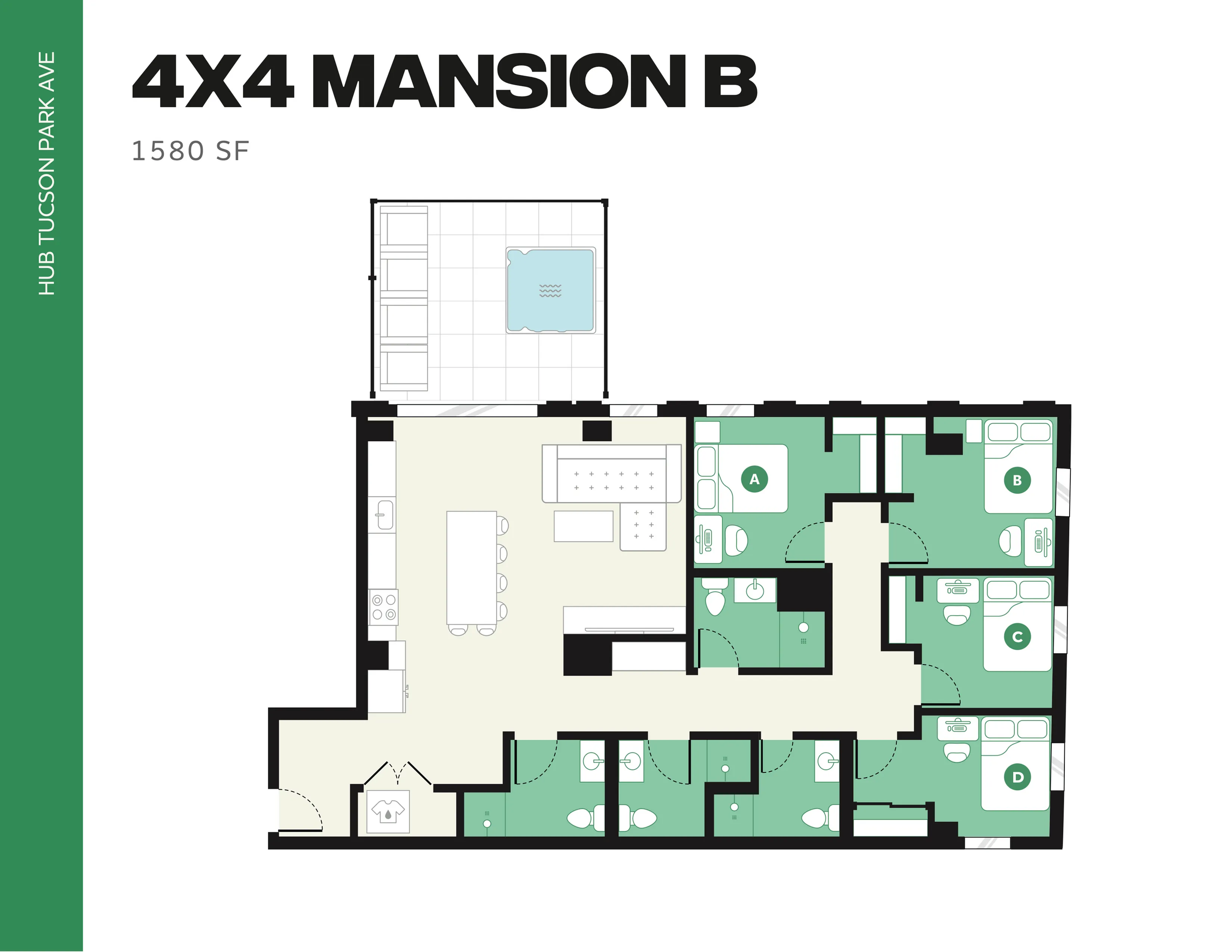 Modern 4x4 Mansion B floor plan with 4 bedrooms, spacious open-concept living area, and private outdoor space at Hub Tucson Park Ave, 1580 sq ft.