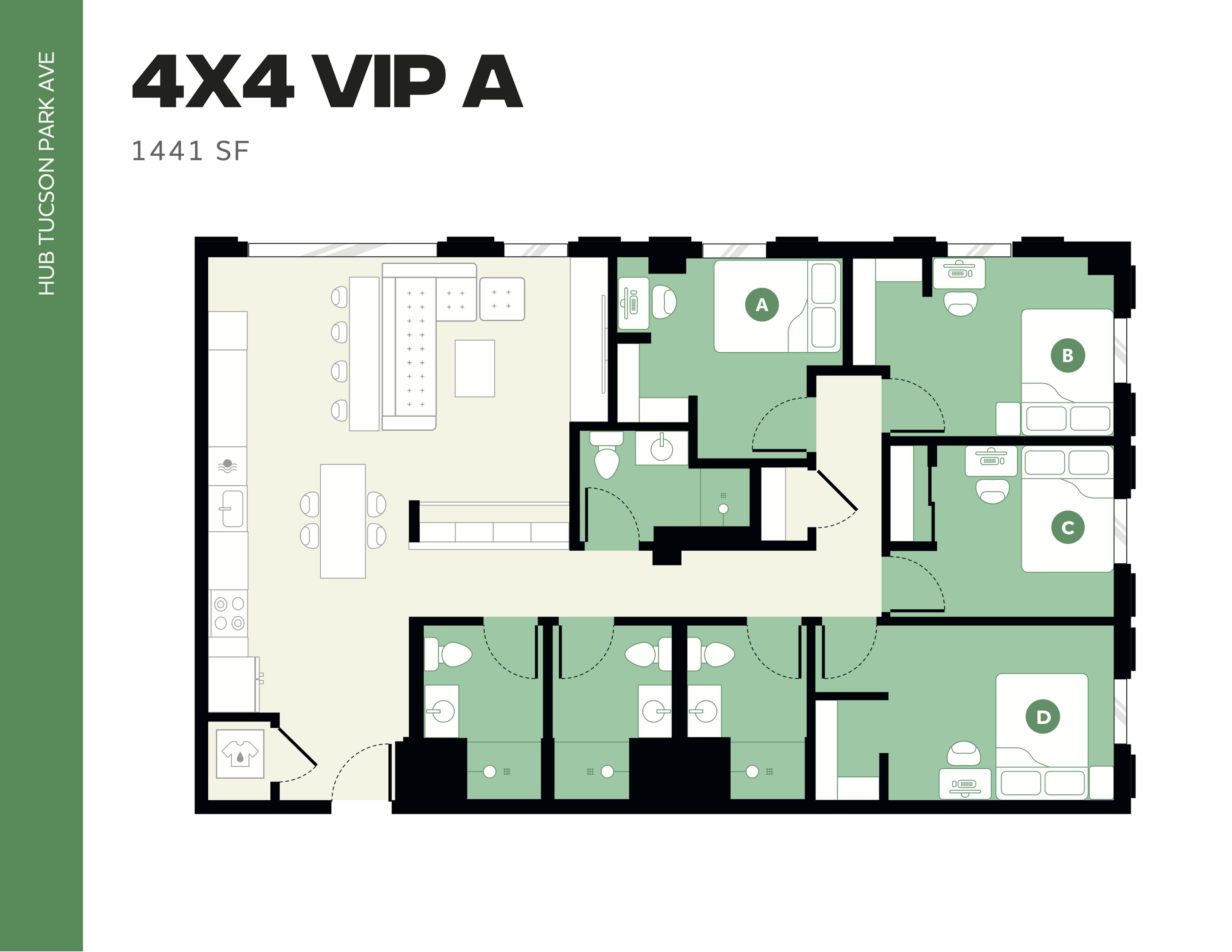 Contemporary floor plan for 4X4 VIP A apartment at Hub Tucson Park Ave, featuring four bedrooms, expansive living area, modern kitchen, and 1441 SF layout.