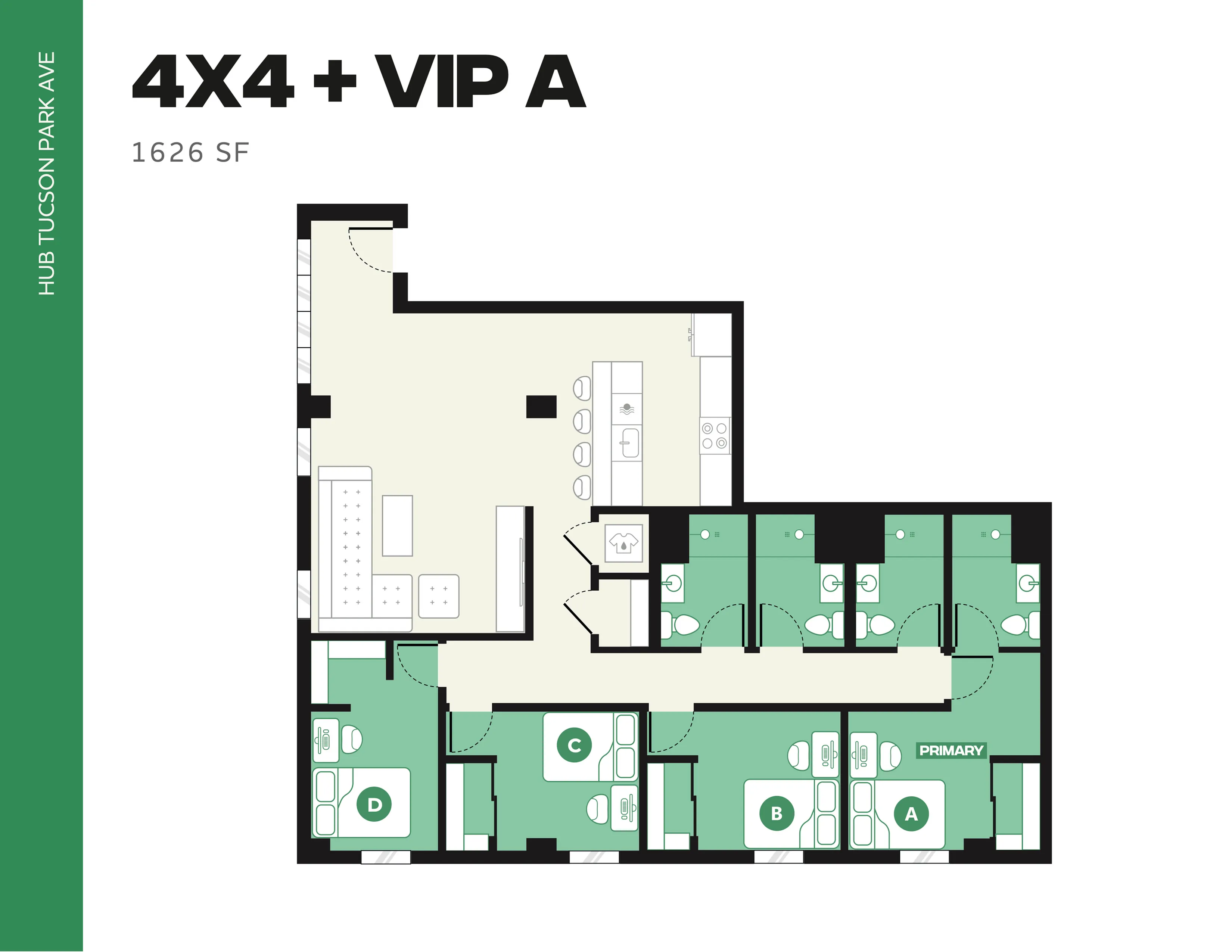 Modern floor plan depicting a 4X4 + VIP A layout with 1626 sq ft, featuring four bedrooms, each with a private bathroom, a spacious open living area, and a well-equipped kitchen. Ideal for luxury urban living.