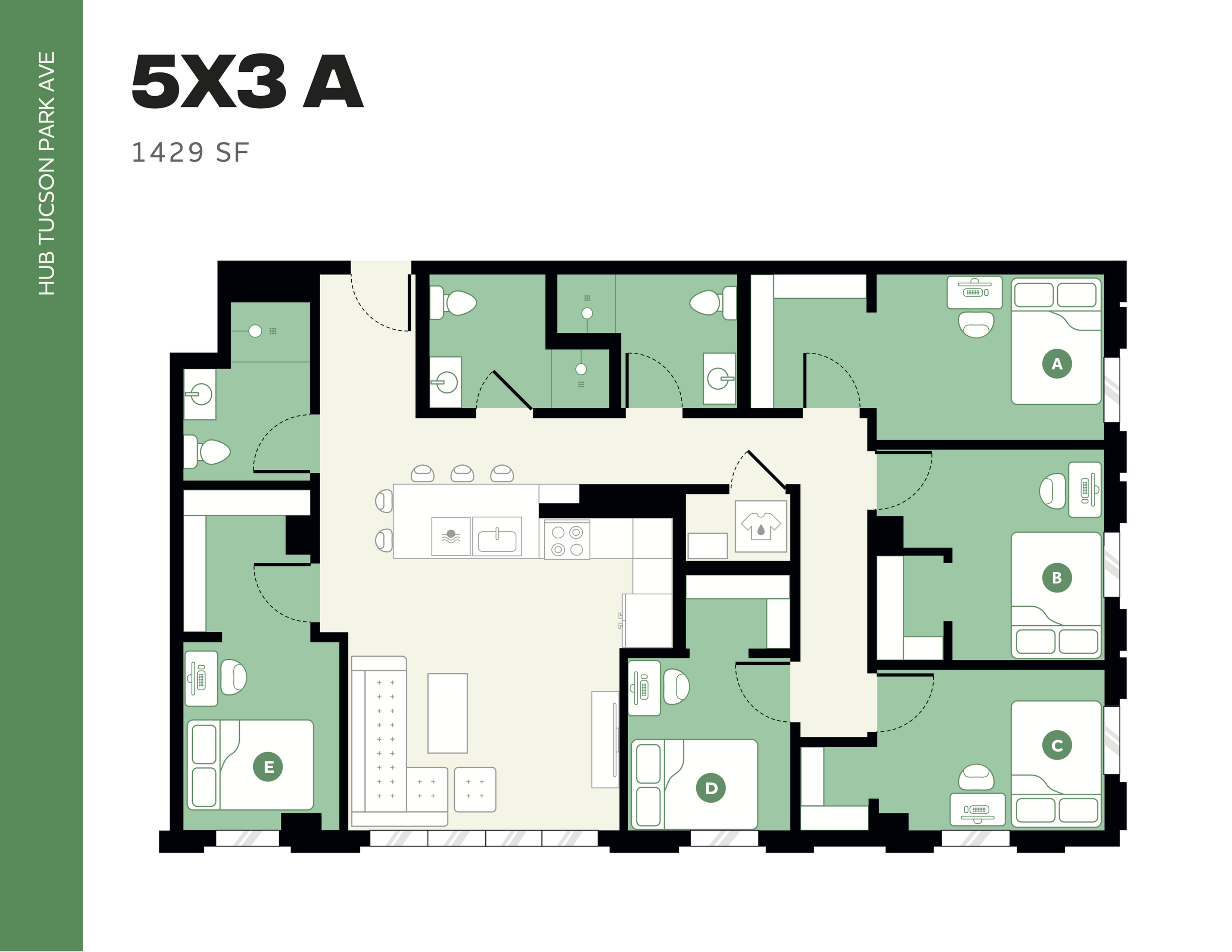Modern floor plan of a 5-bedroom, 3-bathroom apartment at Hub Tucson Park Ave, featuring an open-concept living space and efficient layout, spanning 1429 square feet.
