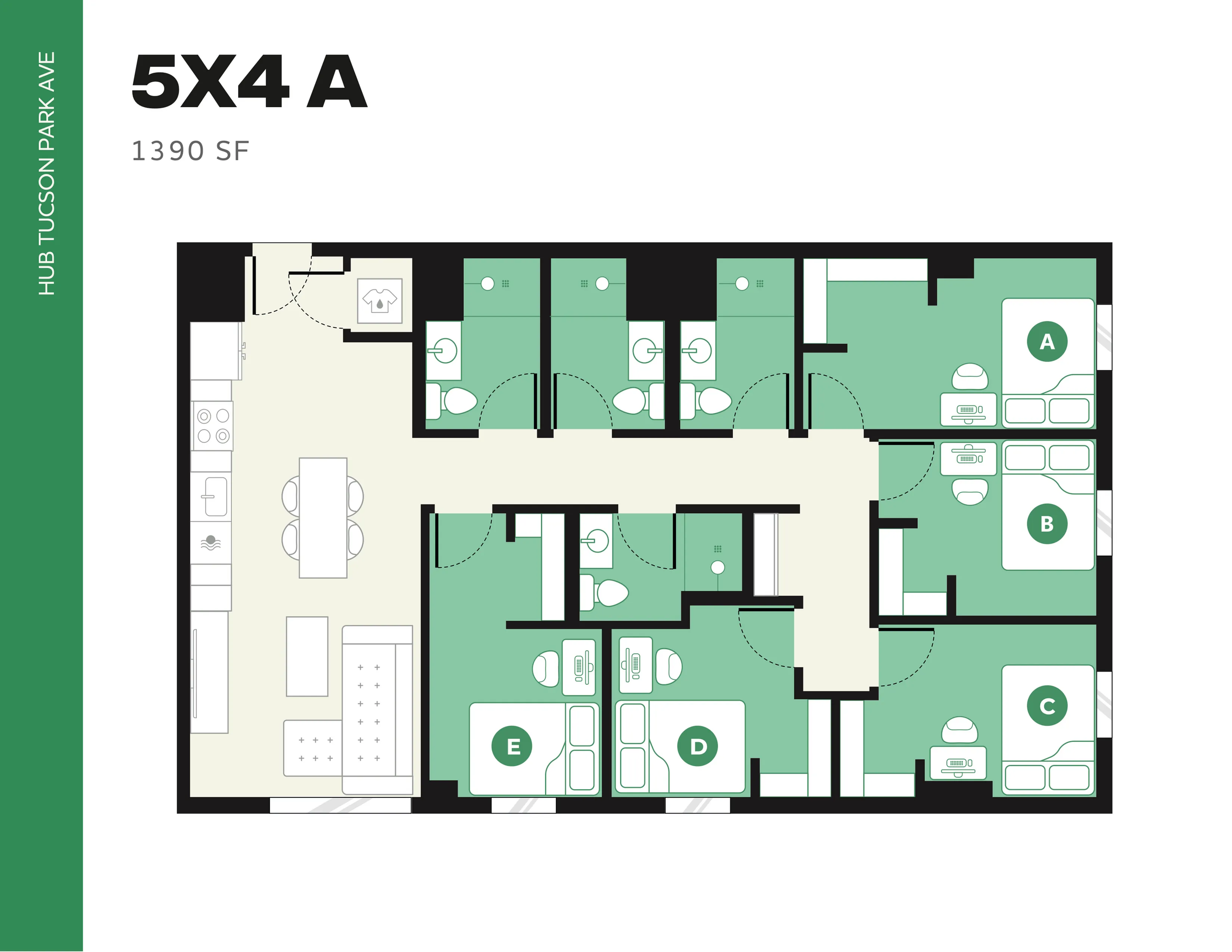 Modern 5-bedroom apartment floor plan featuring a spacious open-concept living area, fully equipped kitchen, and multiple bathrooms, totaling 1390 sq ft at Hub Tucson Park Ave.