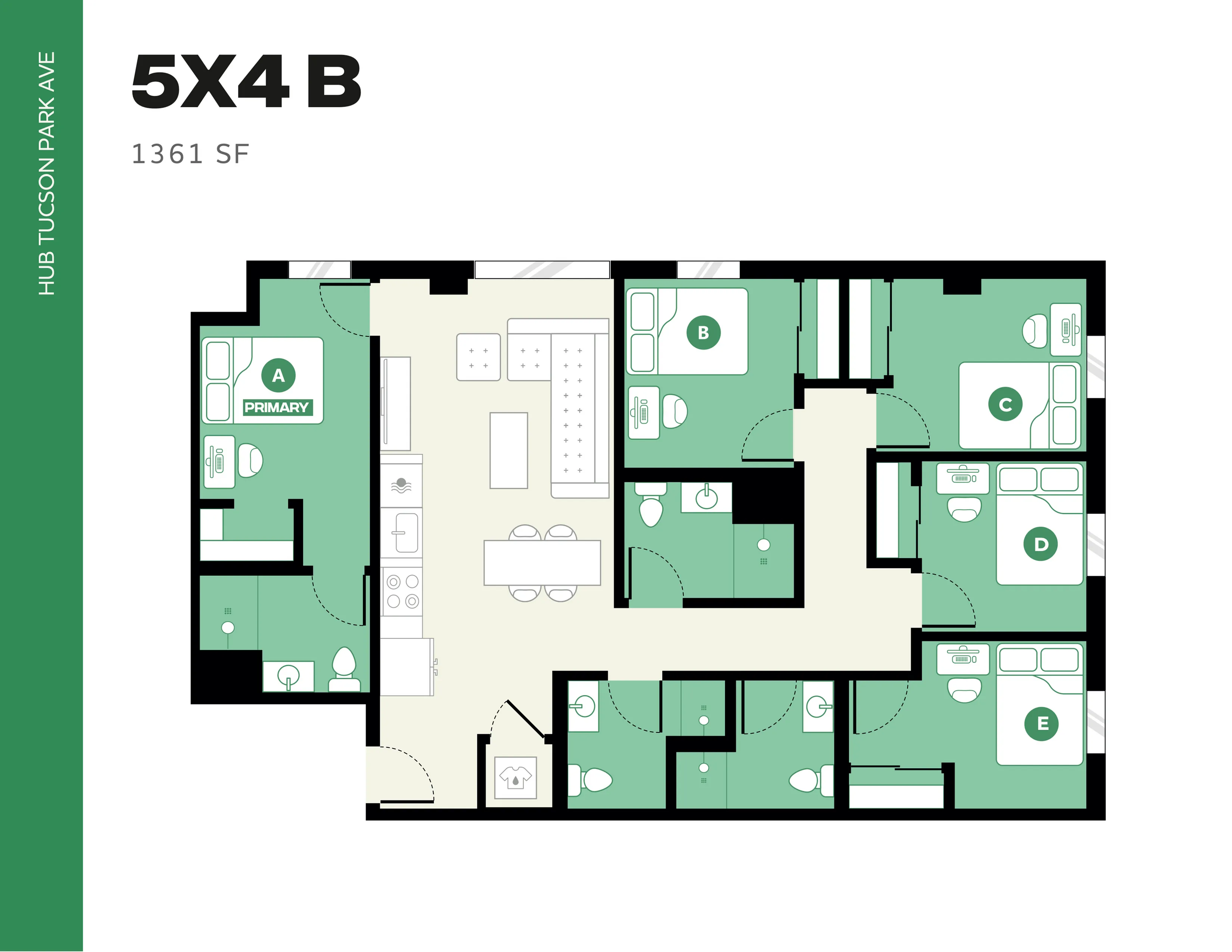 Modern 5X4 B floor plan at Hub Tucson Park Ave featuring 5 spacious bedrooms, open living area, and a well-equipped kitchen, covering 1361 square feet.