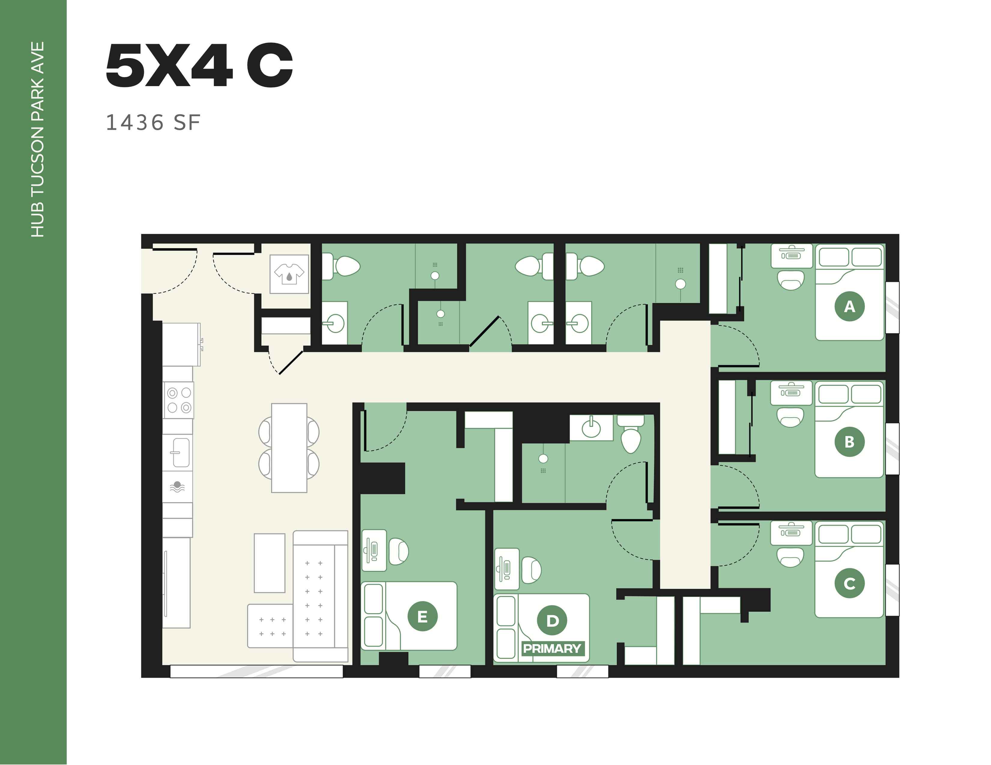 Modern 5-bedroom floor plan at Hub Tucson Park Ave, featuring 1436 sq ft, open-concept kitchen, and spacious living area.