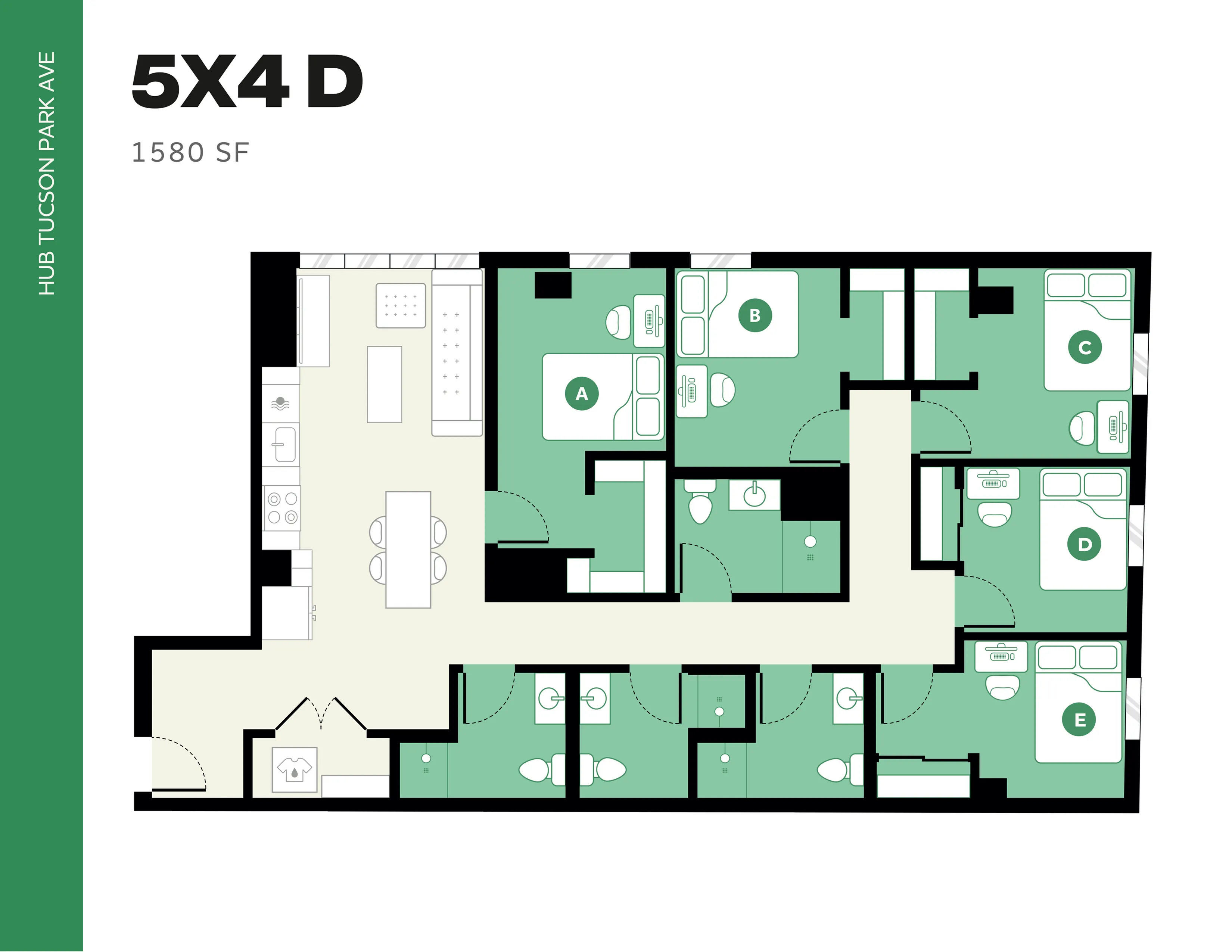 Contemporary Hub Tucson Park Ave floor plan showcasing 5X4 layout with five spacious bedrooms, modern kitchen, and ample living space in 1580 sq ft.