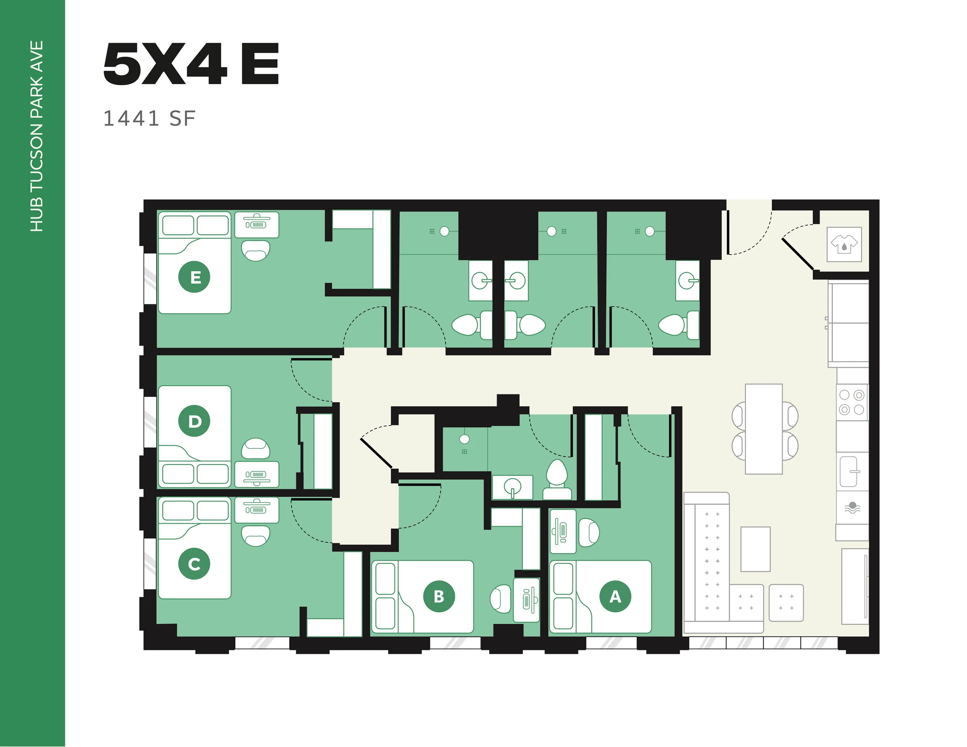 Spacious 5X4 E floor plan with 5 bedrooms, 4 bathrooms, and modern kitchen at Hub Tucson Park Ave, 1441 sq ft.