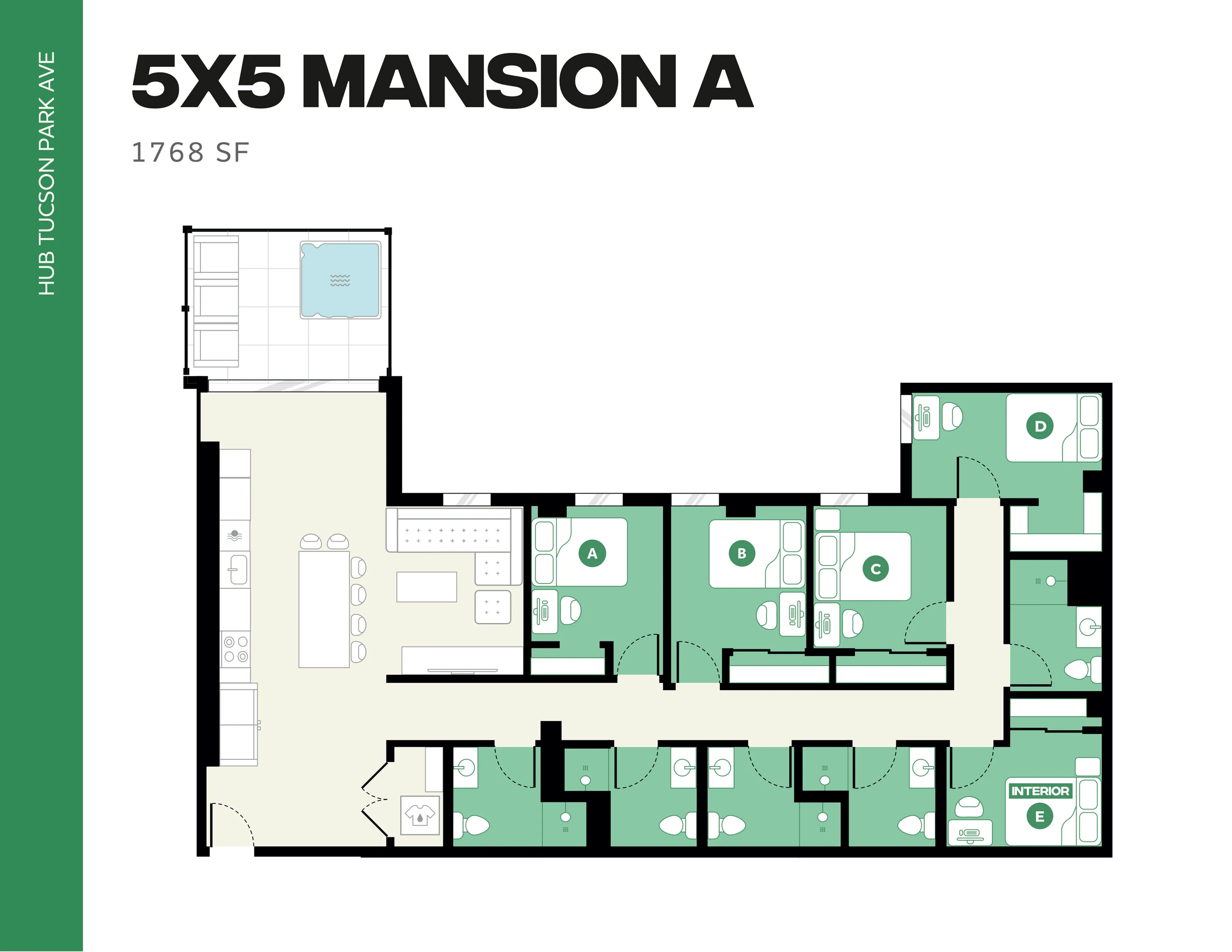 Contemporary 5X5 Mansion A floor plan showcasing 5 bedrooms, expansive living area, and a private balcony with 1768 sq ft of space.
