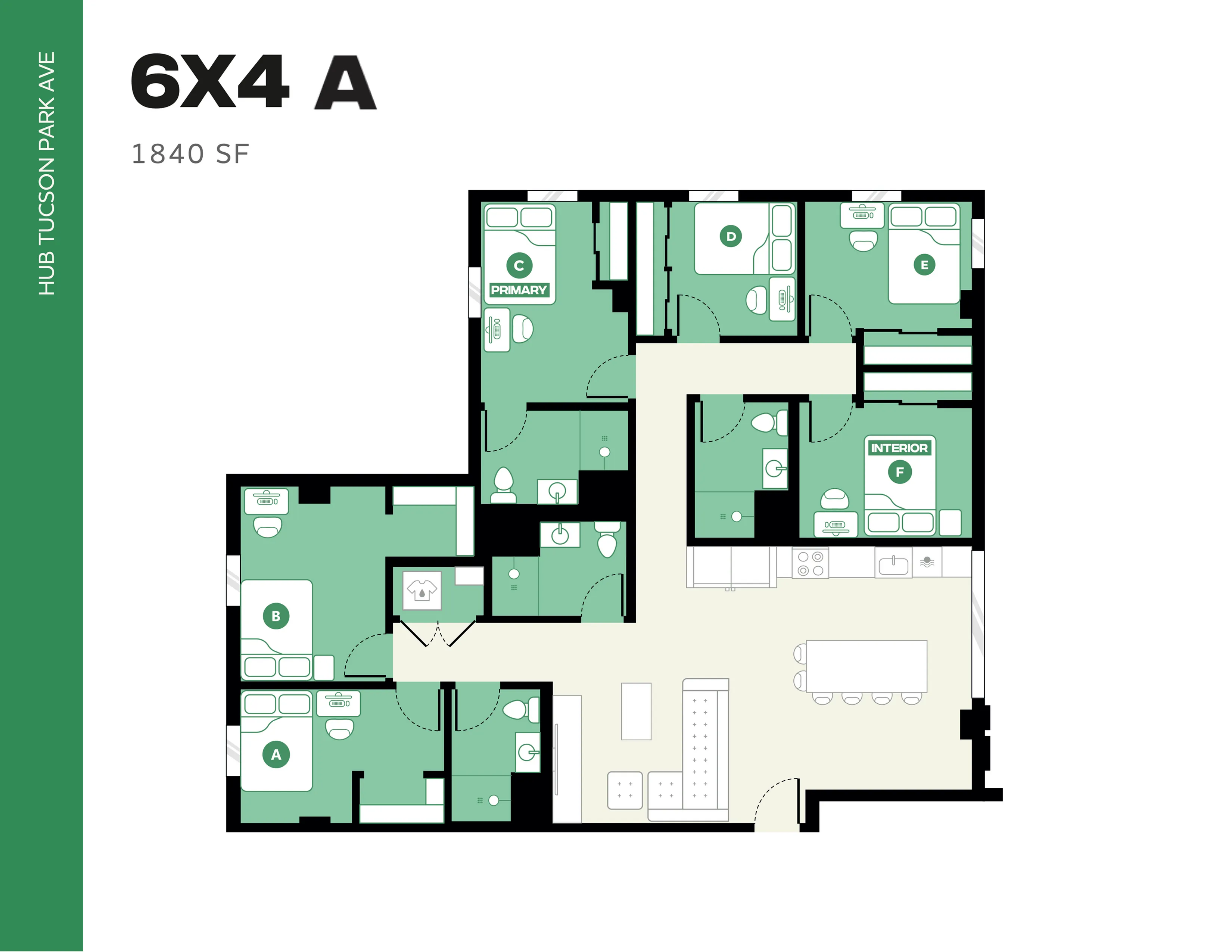 Hub Tucson Park Ave floor plan, 6X4 A layout with 1840 sq ft featuring 6 bedrooms, spacious open-concept living area, and modern kitchen.
