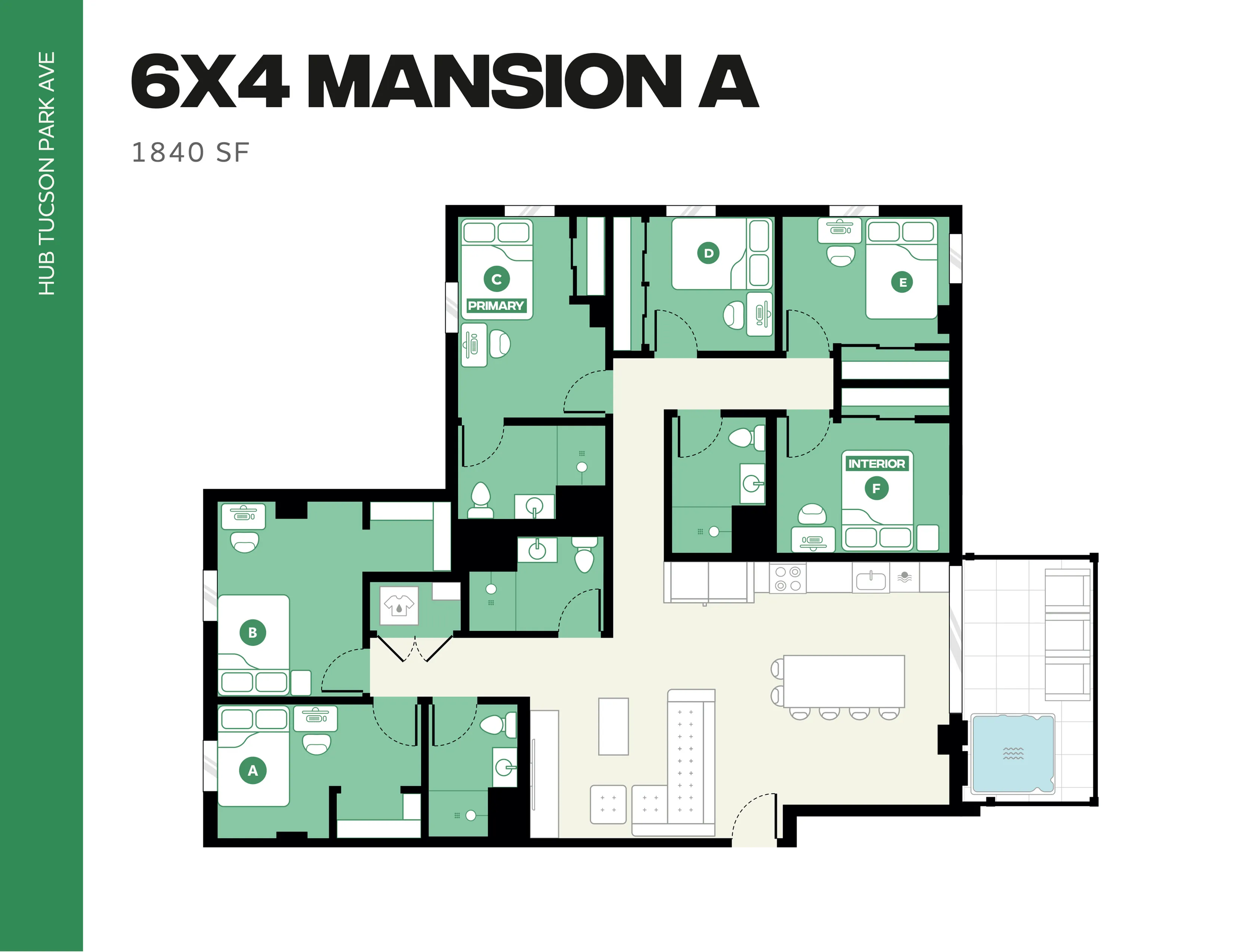 Luxurious 6x4 Mansion A floor plan boasting 6 bedrooms, expansive living area, modern kitchen, and balcony. Perfect for spacious living at Hub Tucson Park Ave, 1840 sq ft.