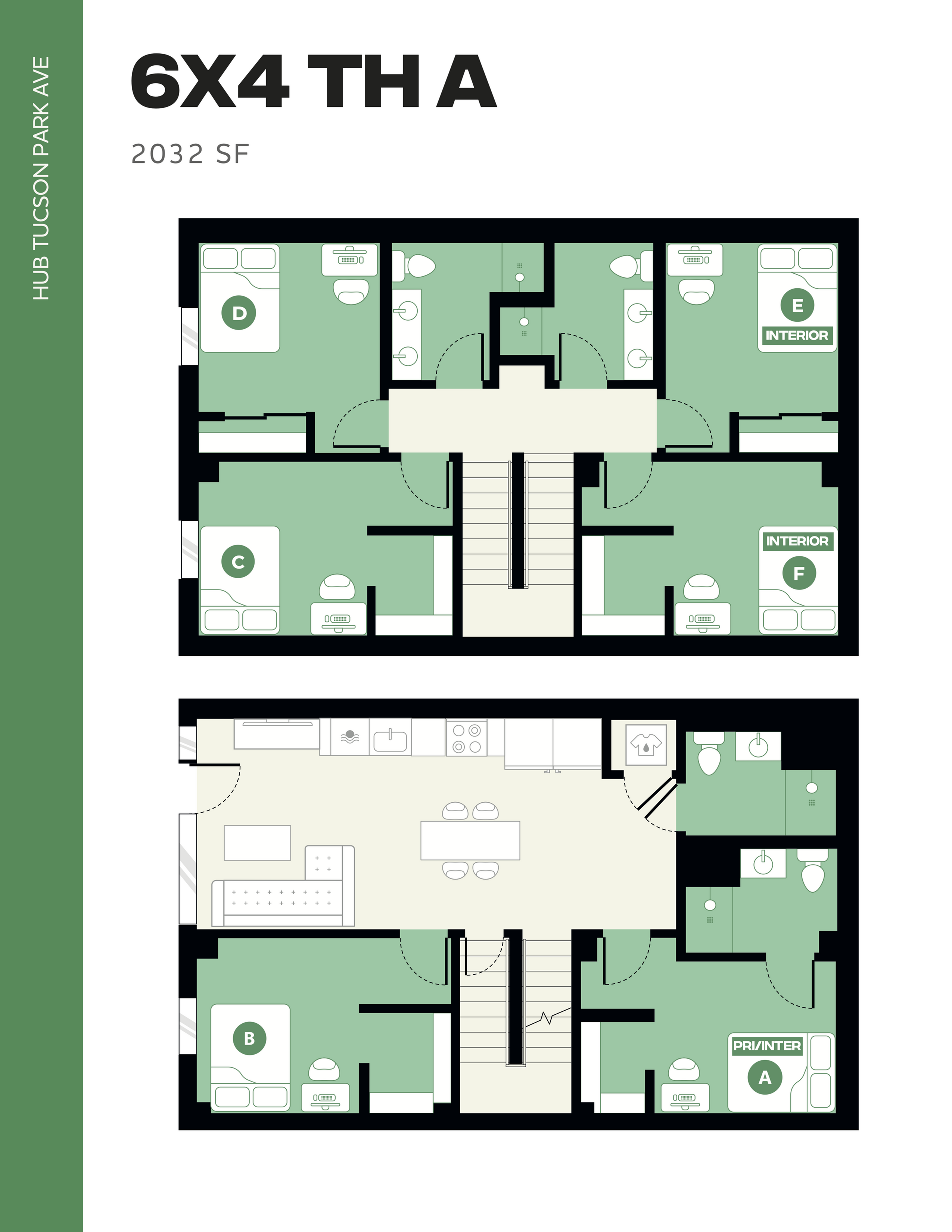Chic two-level 6-bedroom floor plan with spacious open-concept kitchen, modern living area, and dual bathrooms, totaling 2032 sq ft at Hub Tucson Park Ave.