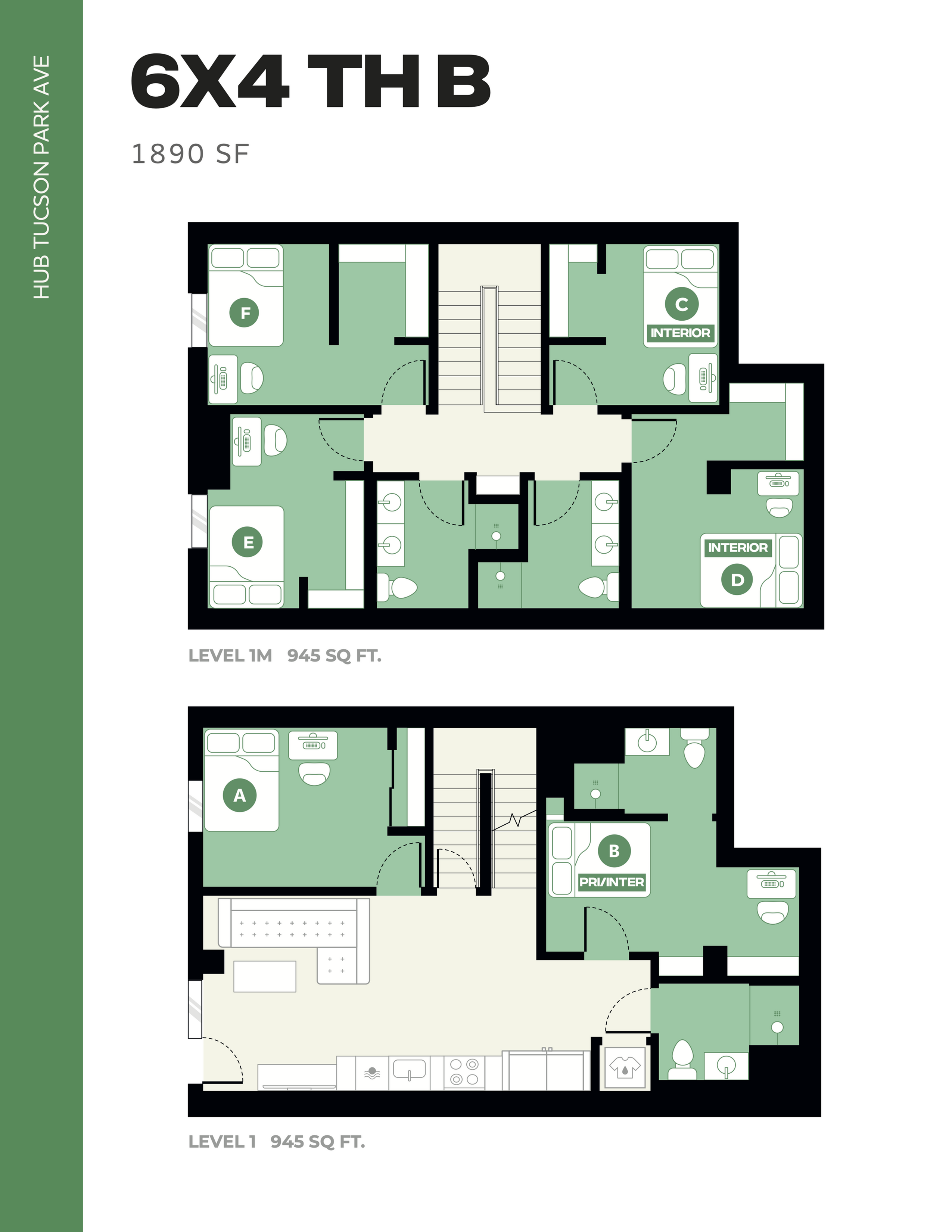 Modern 6-bedroom, 4-bathroom townhouse floor plan at Hub Tucson Park Ave, featuring open living spaces over 1890 sq ft.