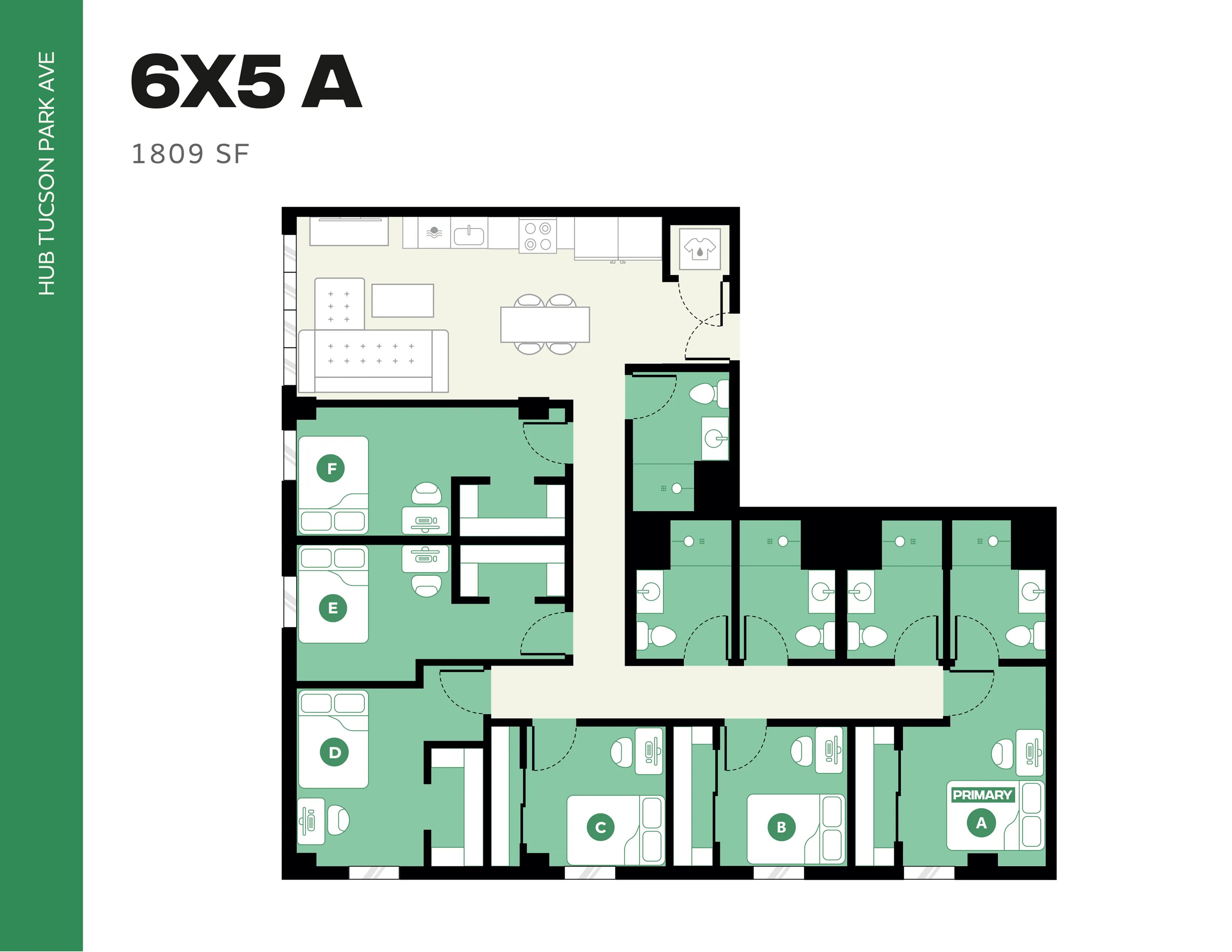 Spacious 6-bedroom, 5-bathroom floor plan at Hub Tucson Park Ave, featuring an expansive open-concept living area and modern kitchen. Total area of 1809 sq ft.