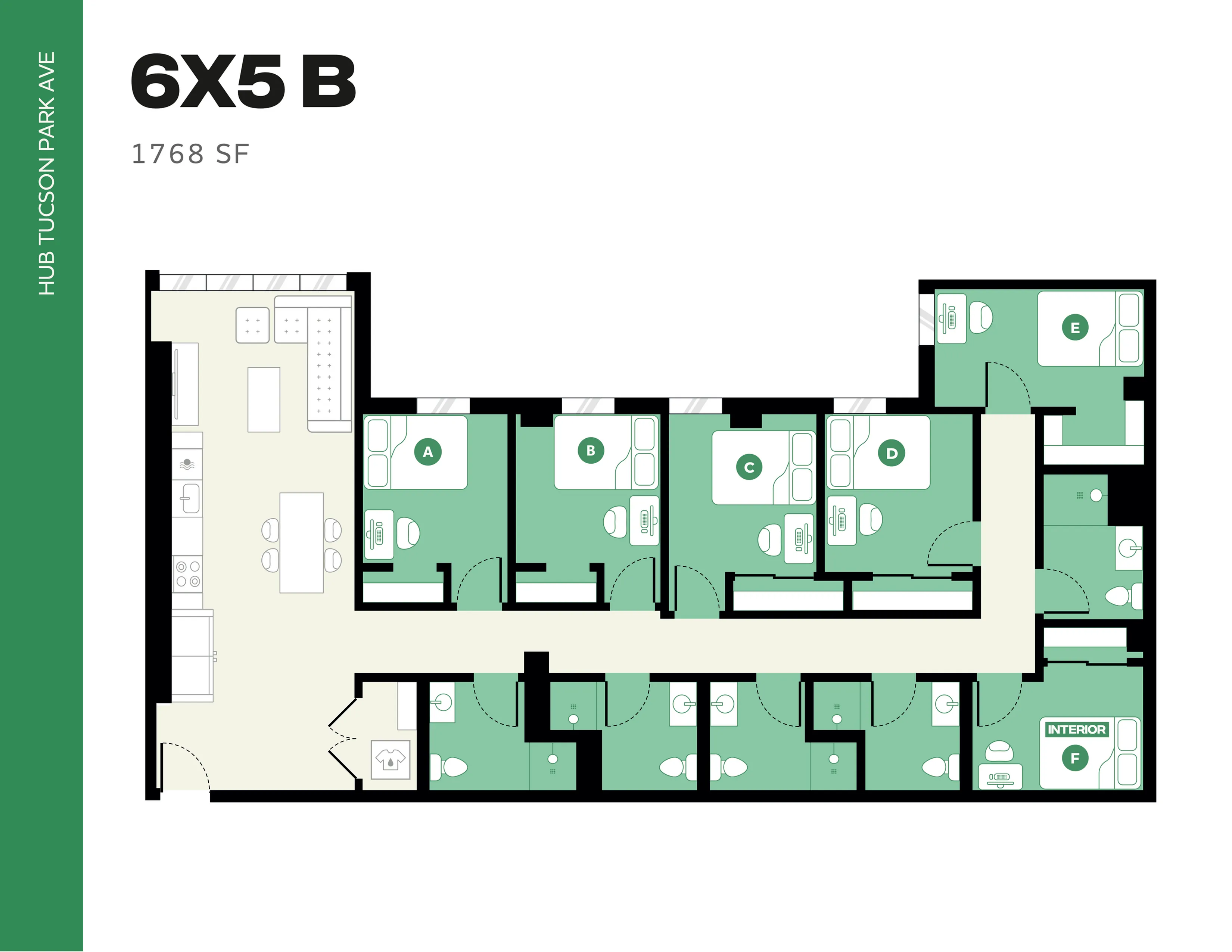 Contemporary 6X5 B floor plan with 5 spacious bedrooms, modern open kitchen, and expansive living areas, covering 1768 SF at Hub Tucson Park Ave.