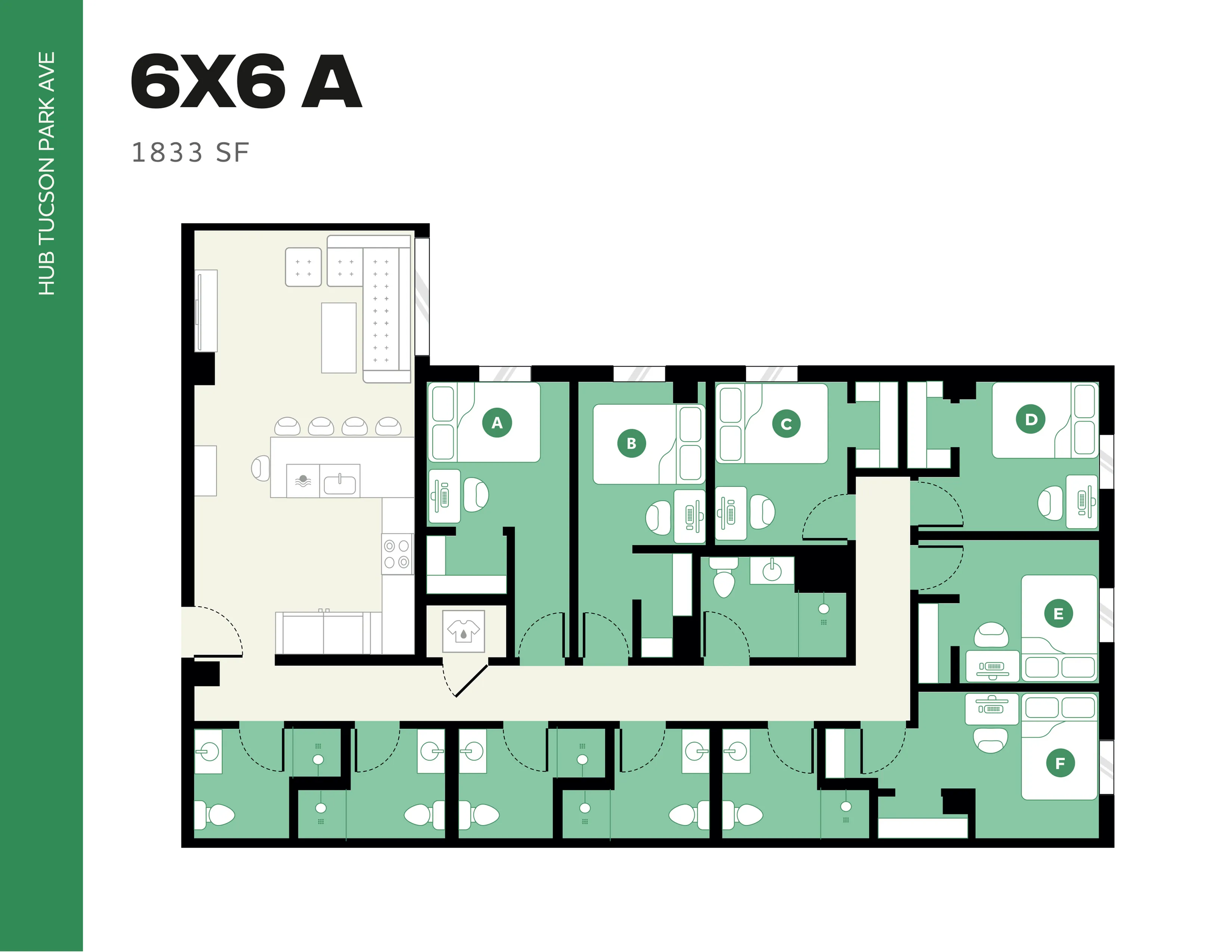 Spacious 6-bedroom apartment floor plan at Hub Tucson Park Ave, featuring a modern open kitchen and 1833 sq ft of living space.