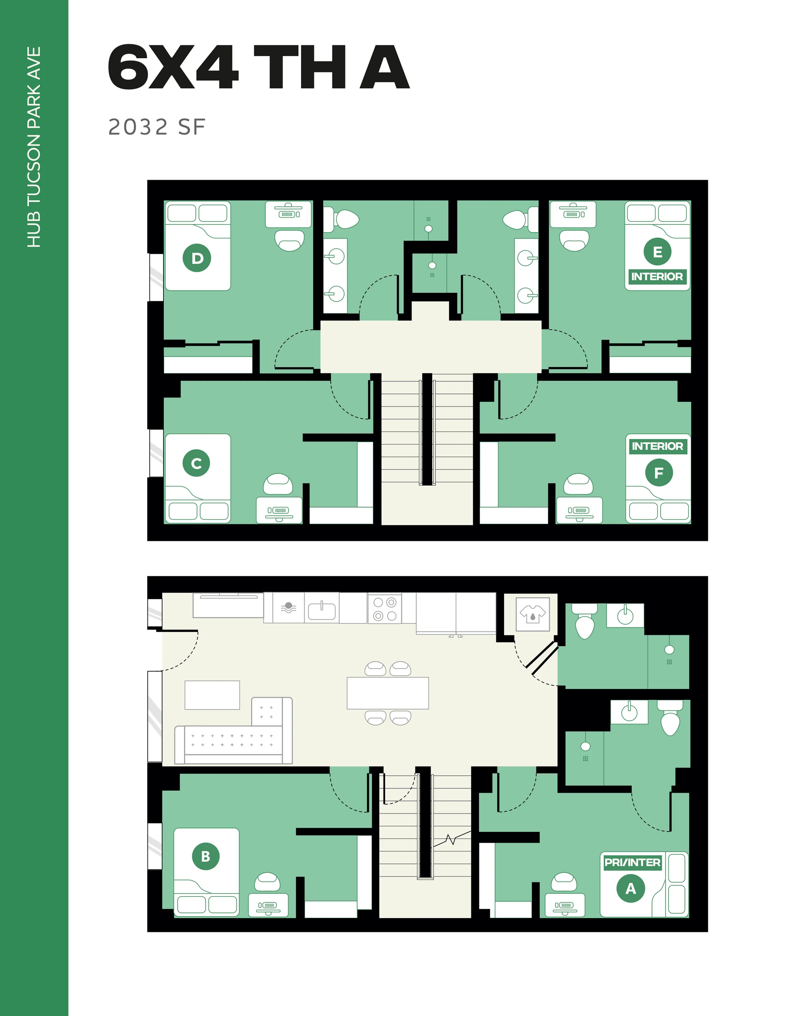 Modern 6-bedroom, 4-bathroom townhouse floor plan, showcasing a spacious open-concept living area and a large kitchen, perfect for comfortable living in 2032 sq ft.