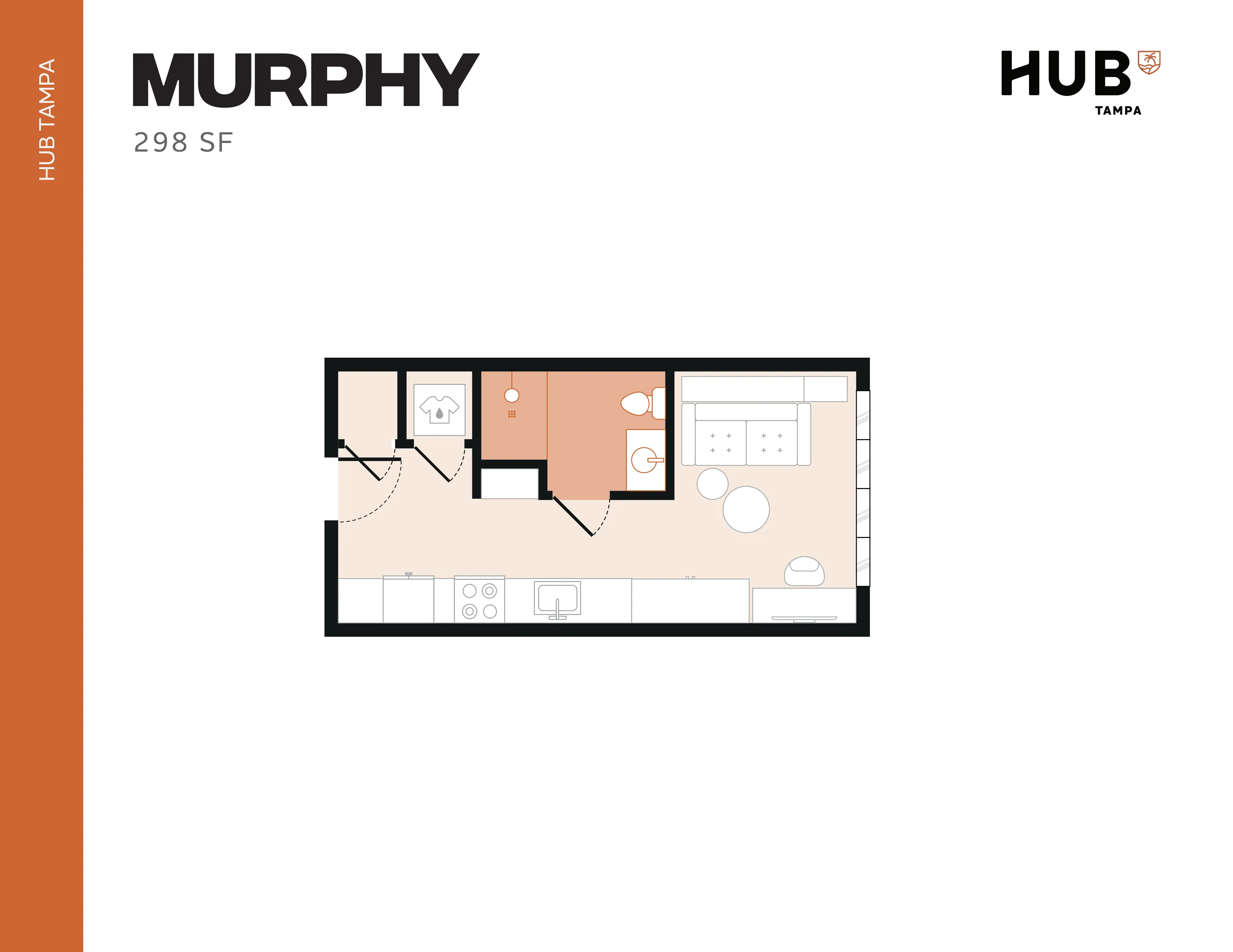 Modern Murphy floor plan at HUB Tampa, 298 sq ft studio featuring a cozy living area, efficient kitchenette, and compact bathroom.