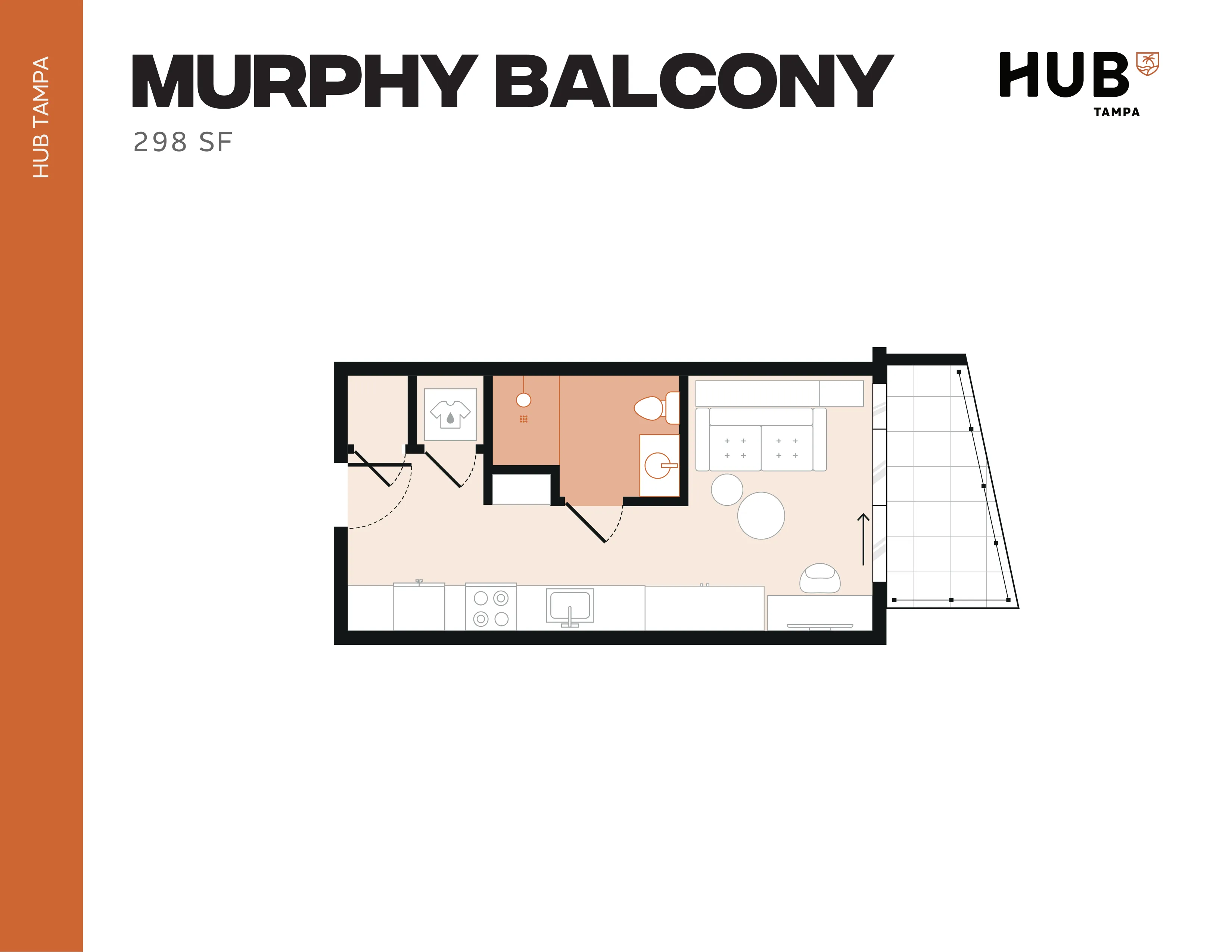 Compact 298 sq ft Murphy Balcony floor plan at HUB Tampa, featuring a cozy living area, efficient kitchenette, and private balcony.