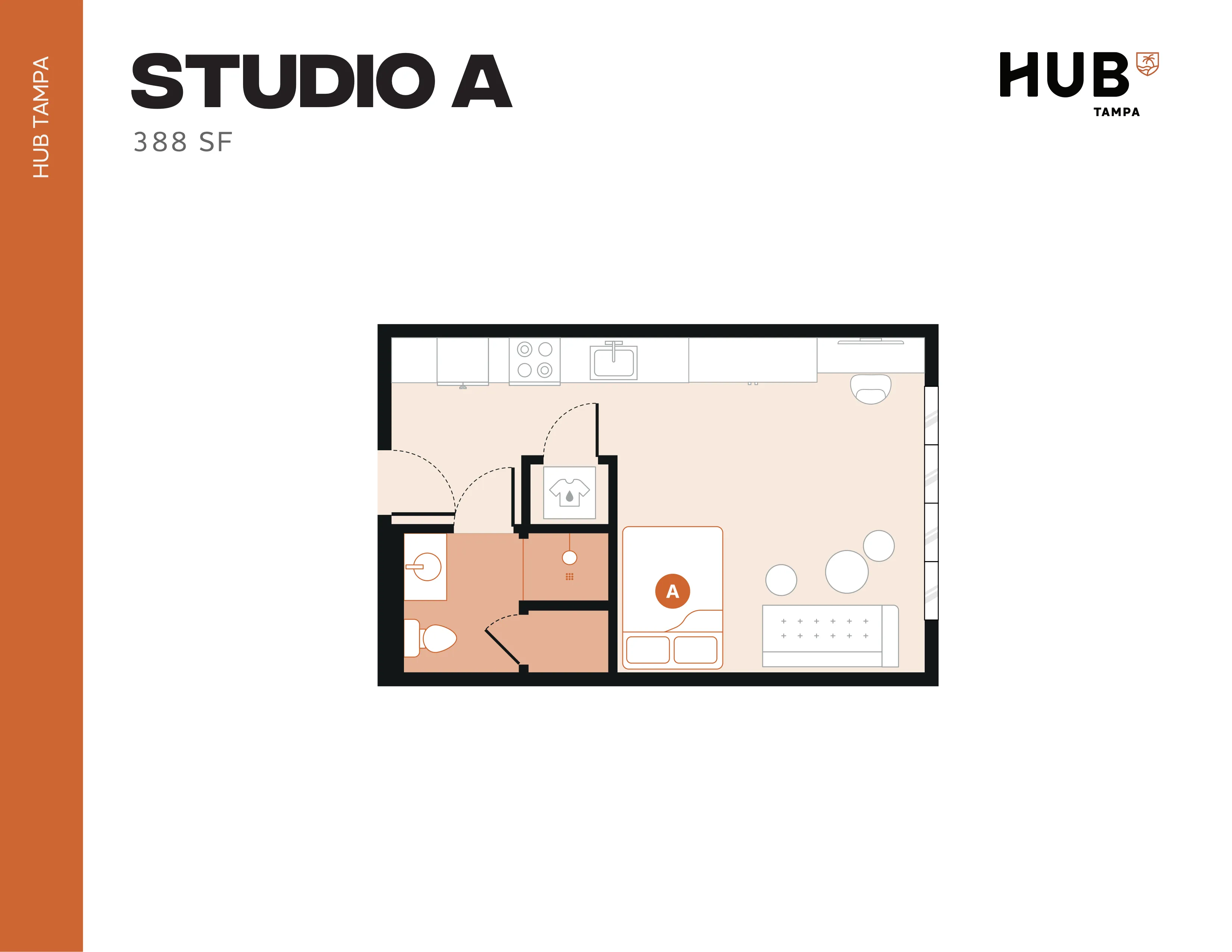 Cozy Studio A floor plan with an open living area, compact kitchen, and bathroom, 388 sq ft in Hub Tampa.