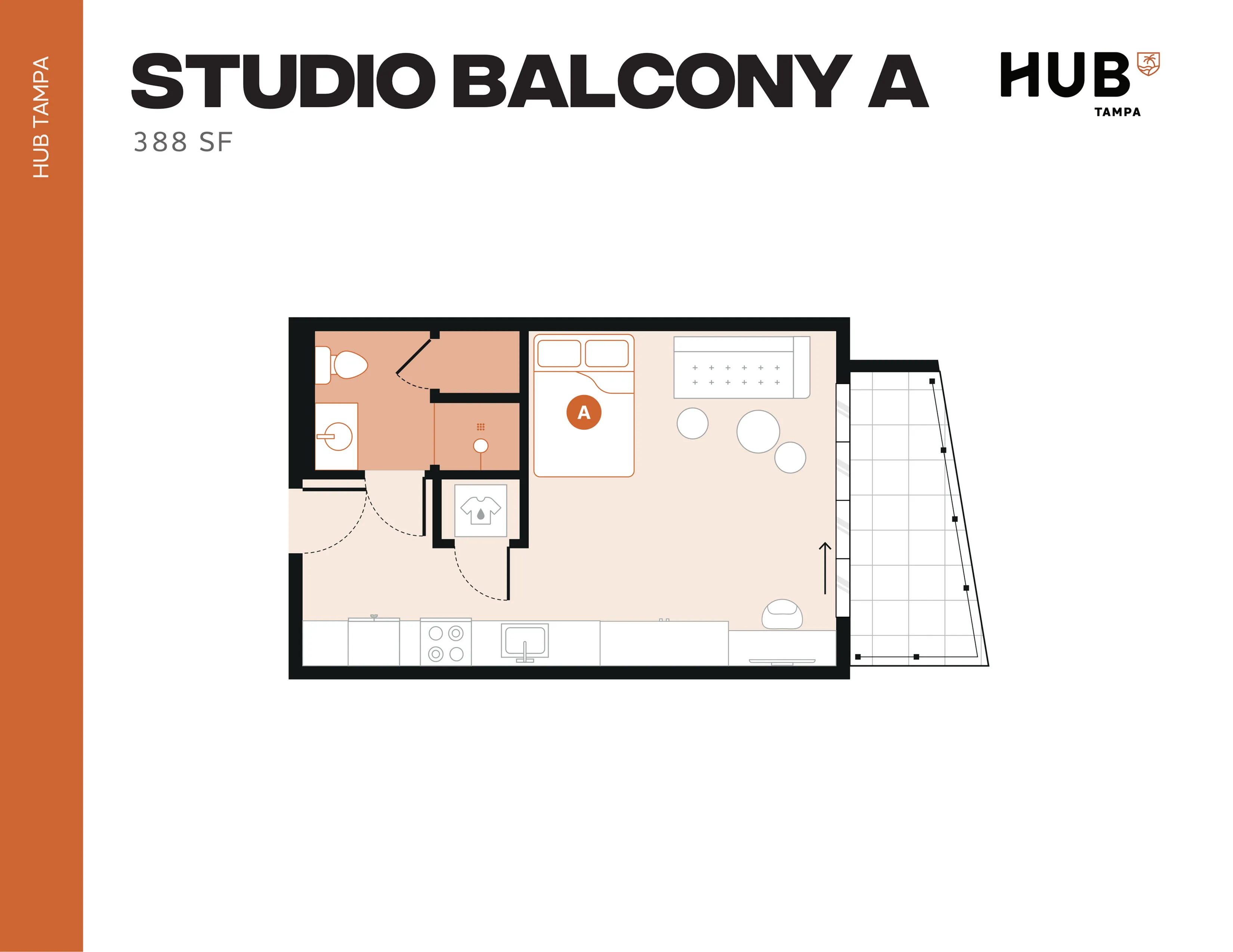 Modern studio apartment floor plan in Tampa with integrated living and sleeping area, efficient kitchen, stylish bathroom, and private balcony, totaling 388 square feet.