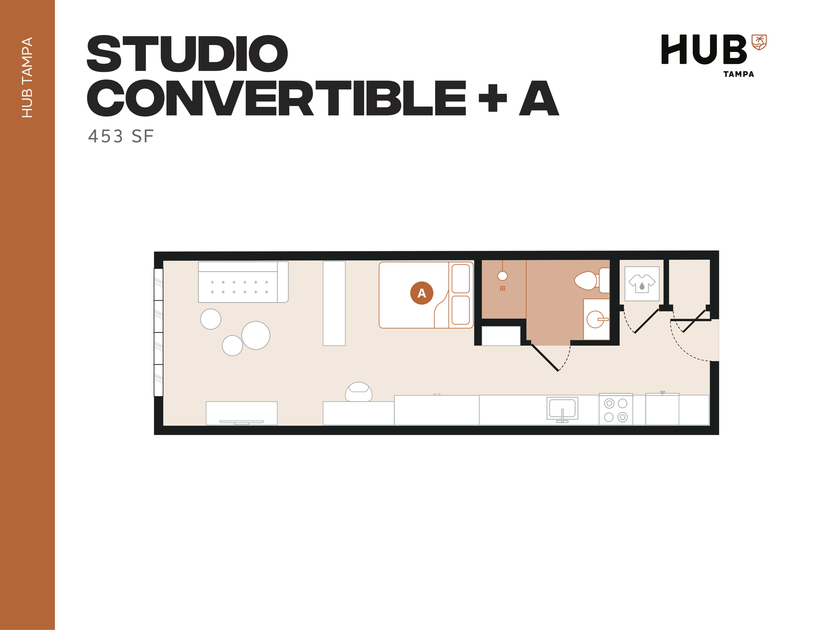 Modern studio convertible floor plan offering 453 sq ft of stylish living space, featuring versatile sleeping area, compact kitchen, and cozy living room.