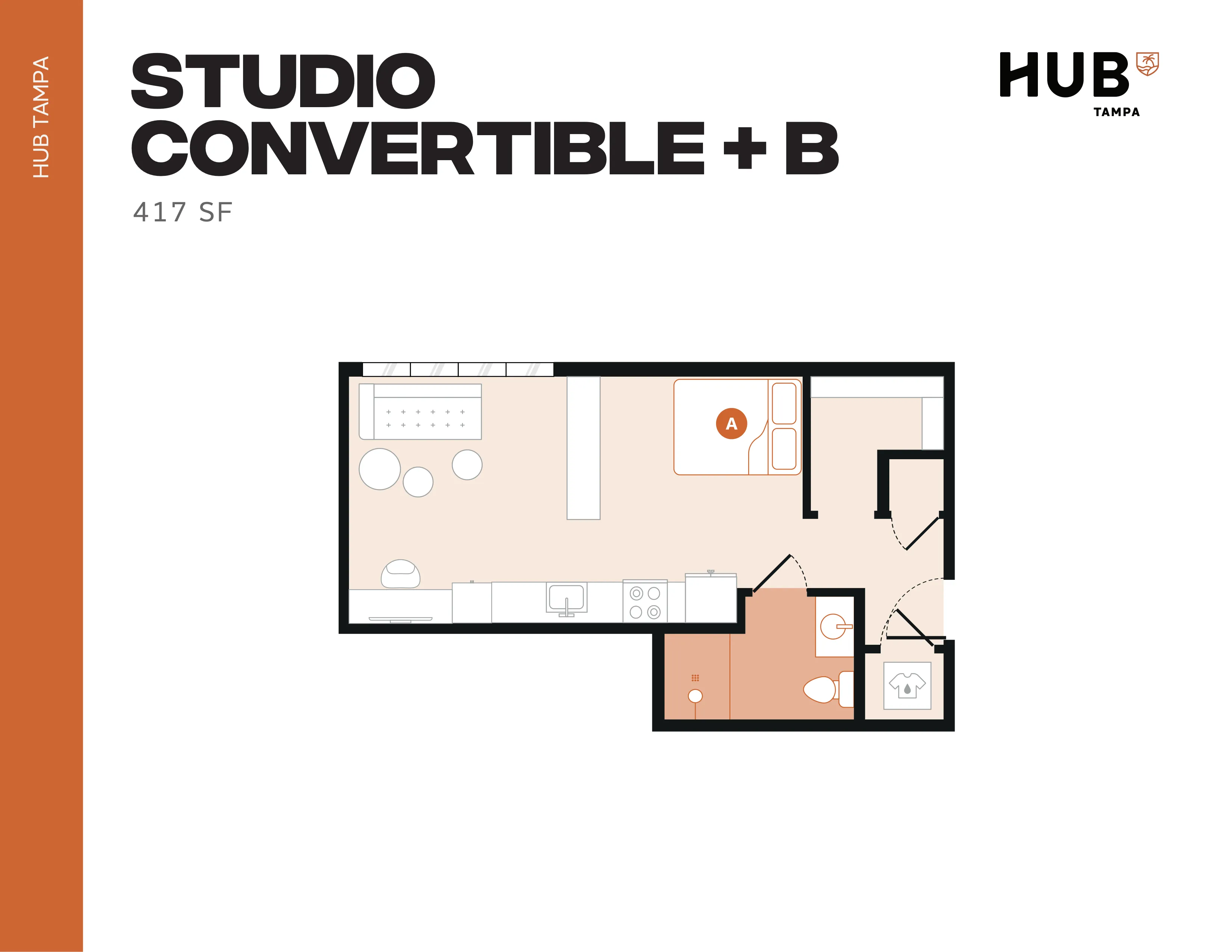 Modern studio convertible floor plan at Hub Tampa with 417 sq ft, featuring an open living area, cozy bed space, and efficient kitchenette.