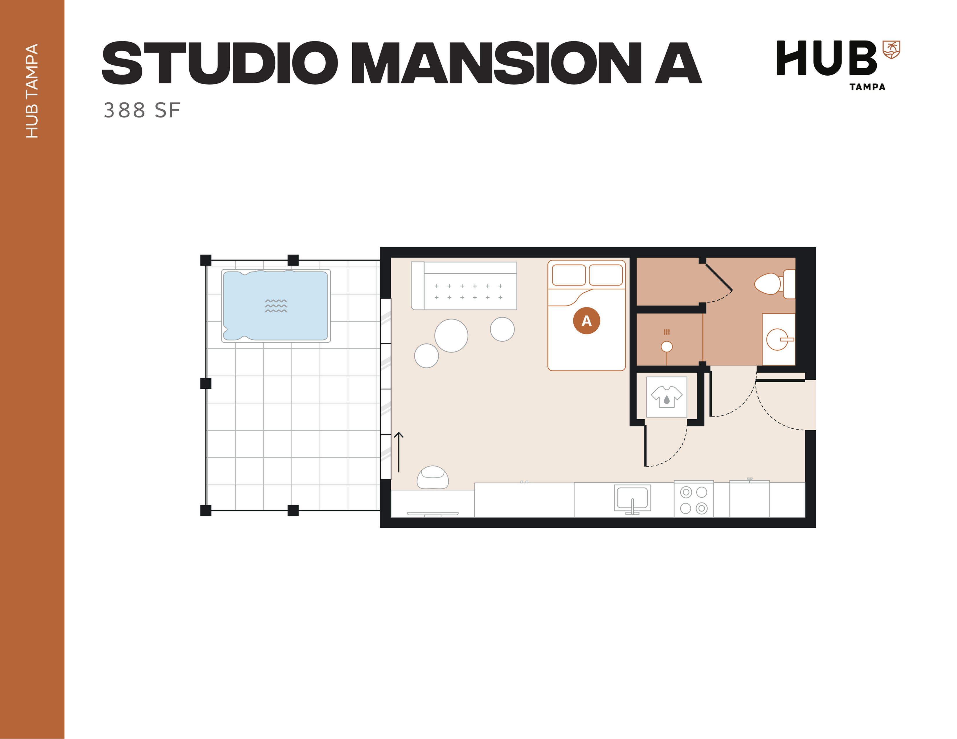 Stylish studio mansion floor plan featuring an open layout with a combined living and sleeping area, modern kitchen, and a cozy bathroom, perfect for efficient urban living. Includes a spacious patio with a pool view, ideal for relaxation in Tampa's vibrant Hub community.