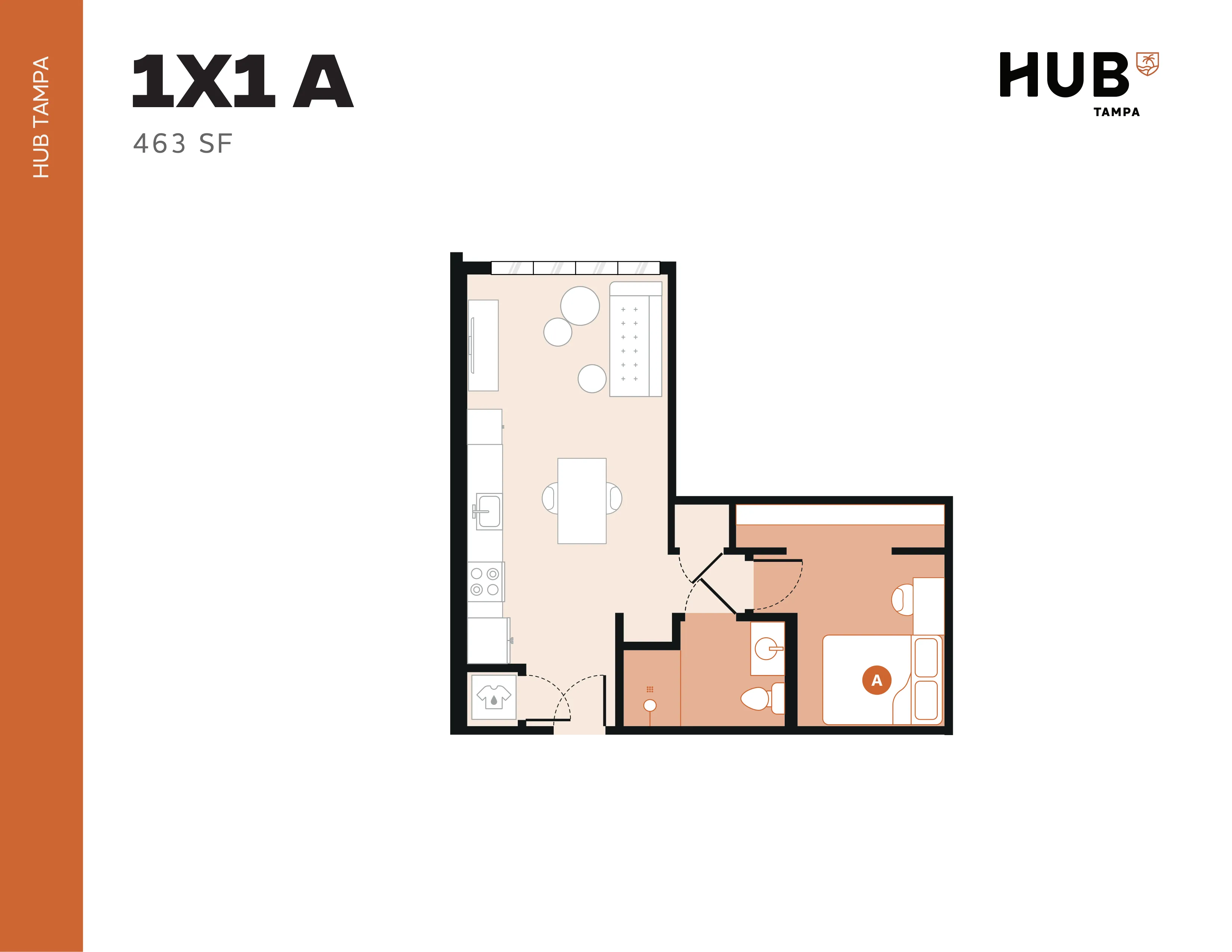 Modern 1X1 A floor plan showcasing a cozy 463 sq ft area in HUB Tampa, featuring an inviting bedroom, sleek kitchen, and functional living space.