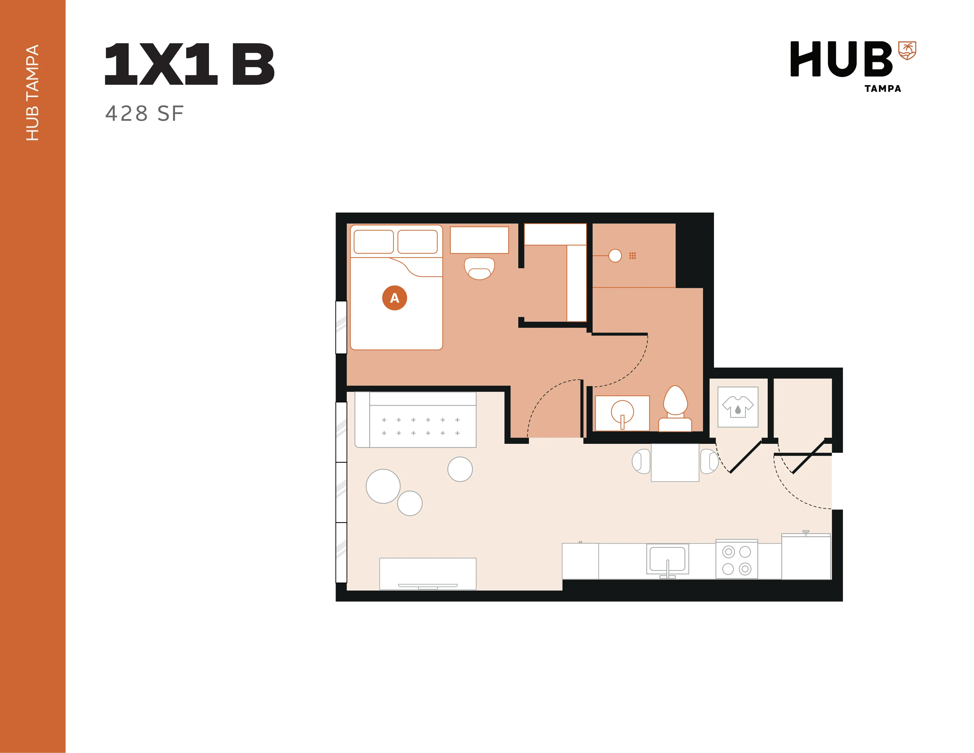 Modern 1-bedroom, 1-bathroom floor plan at HUB Tampa, featuring open-concept living and kitchen area in 428 sq ft.