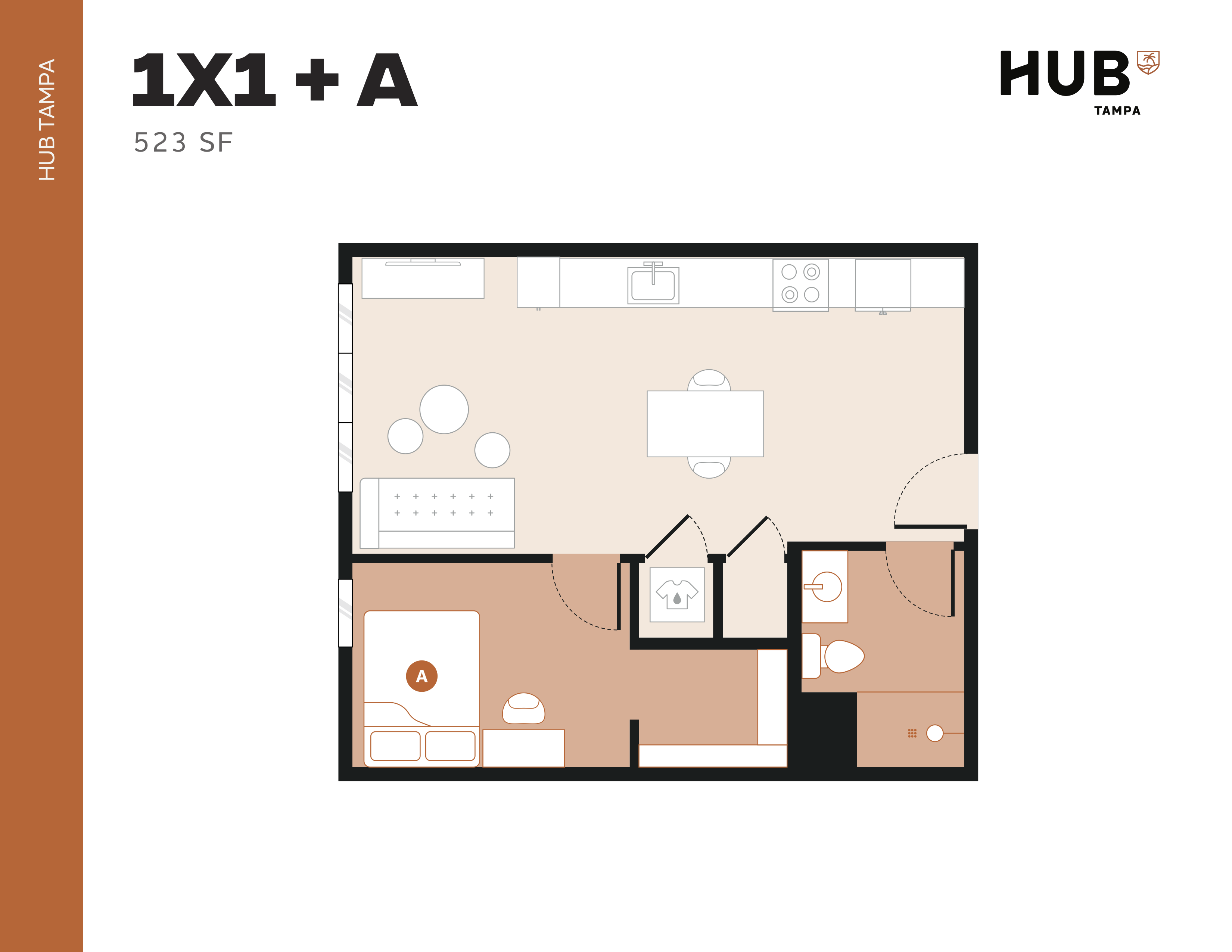 Chic 1-bedroom floor plan at HUB Tampa, showcasing 523 sq ft with an open kitchen and living area, perfect for modern living.