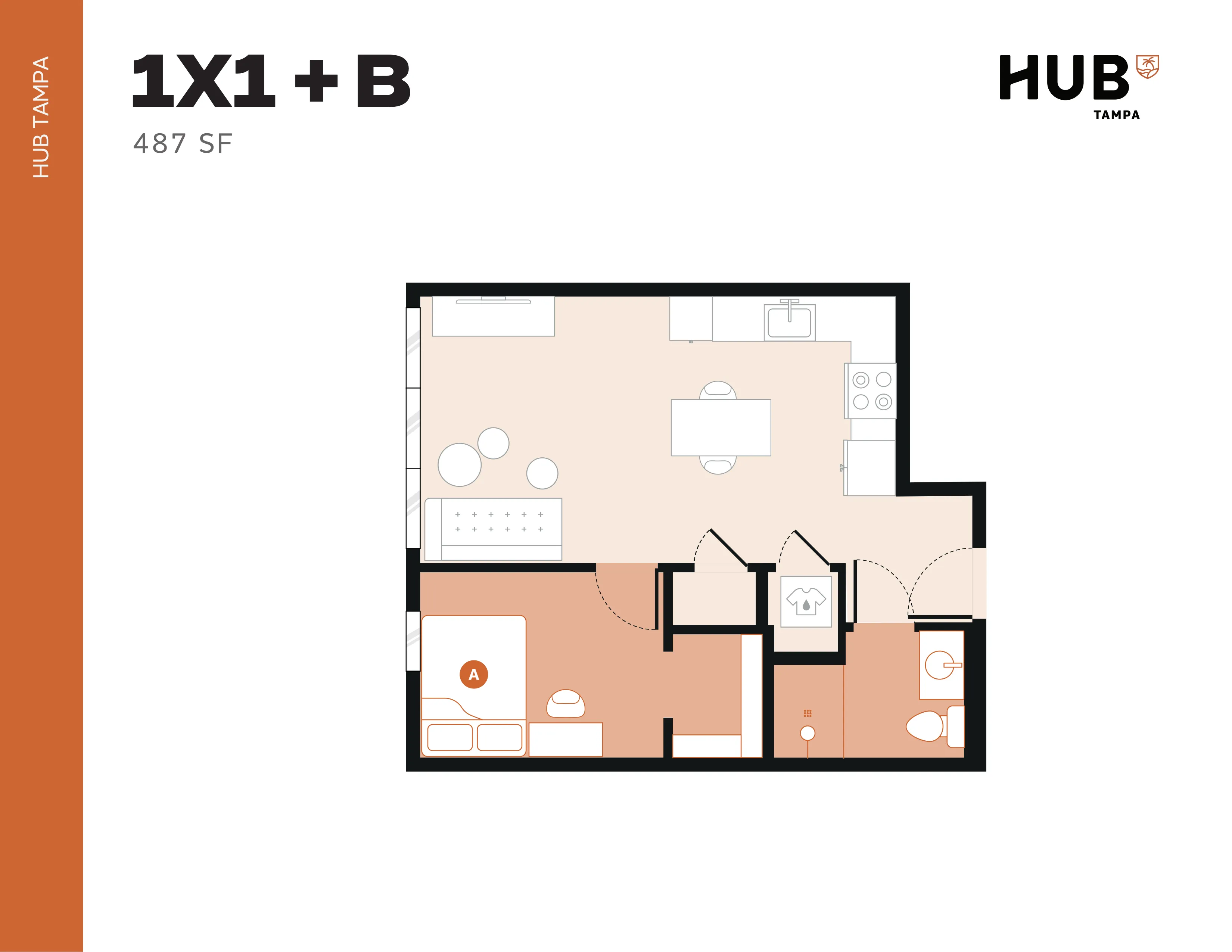 Modern 1X1+B floor plan at HUB Tampa, featuring an inviting open-concept living and kitchen area, perfectly designed for 487 sq ft.