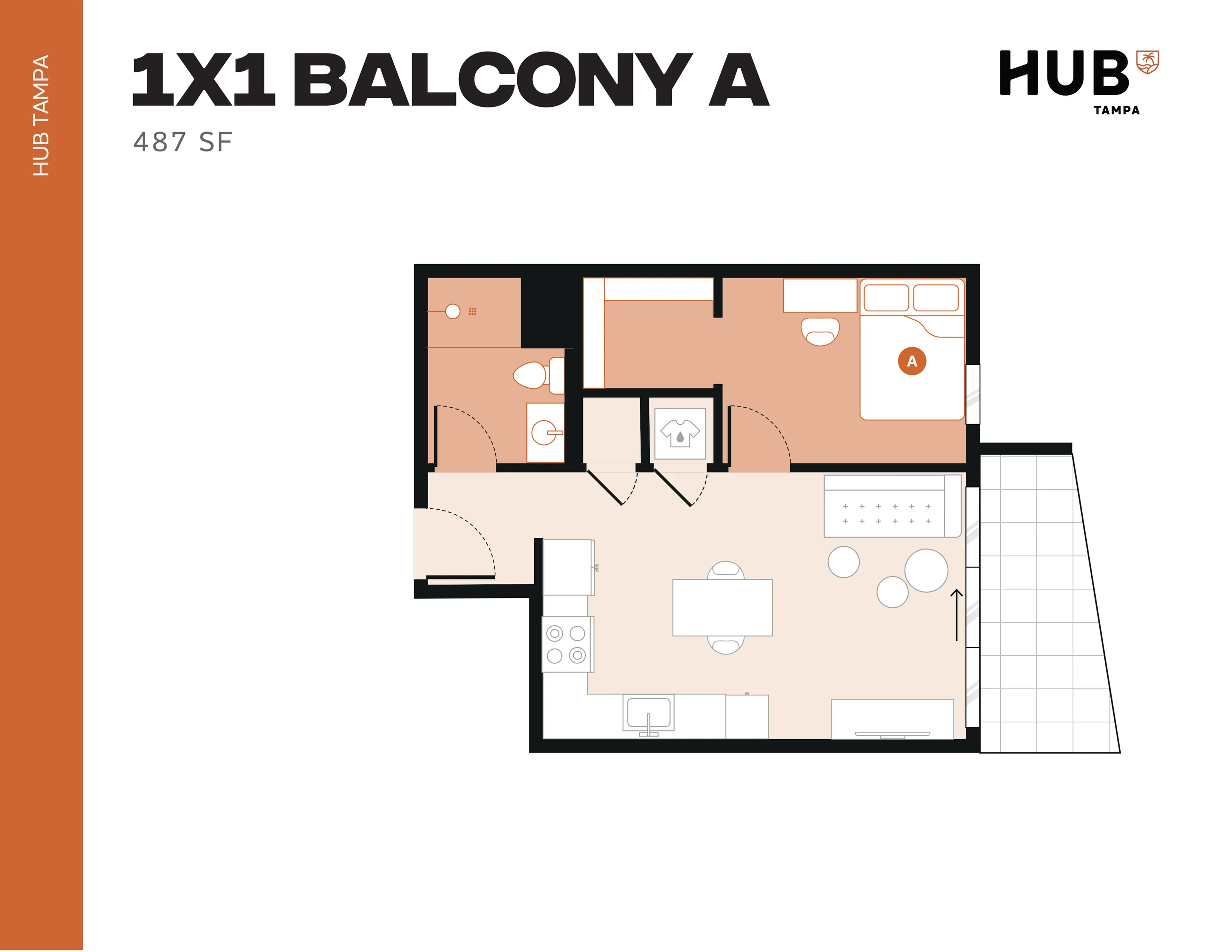 Modern 1-bedroom apartment floor plan with open living area, kitchen, and expansive balcony at HUB Tampa, 487 sq ft.