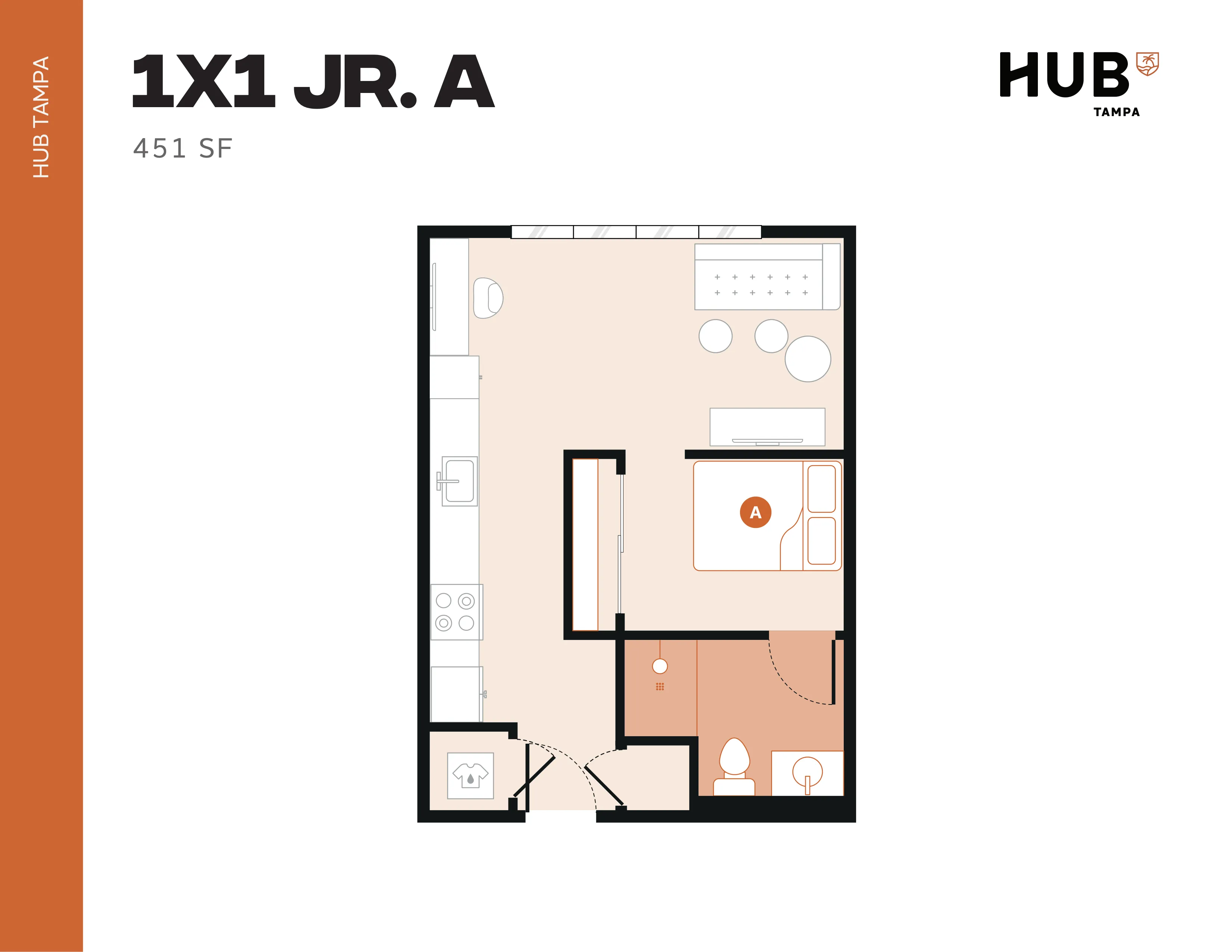 Contemporary 1-bedroom floor plan at HUB Tampa, featuring 451 sq ft of efficient living space with a cozy sleeping area, modern kitchen, and elegant bathroom.