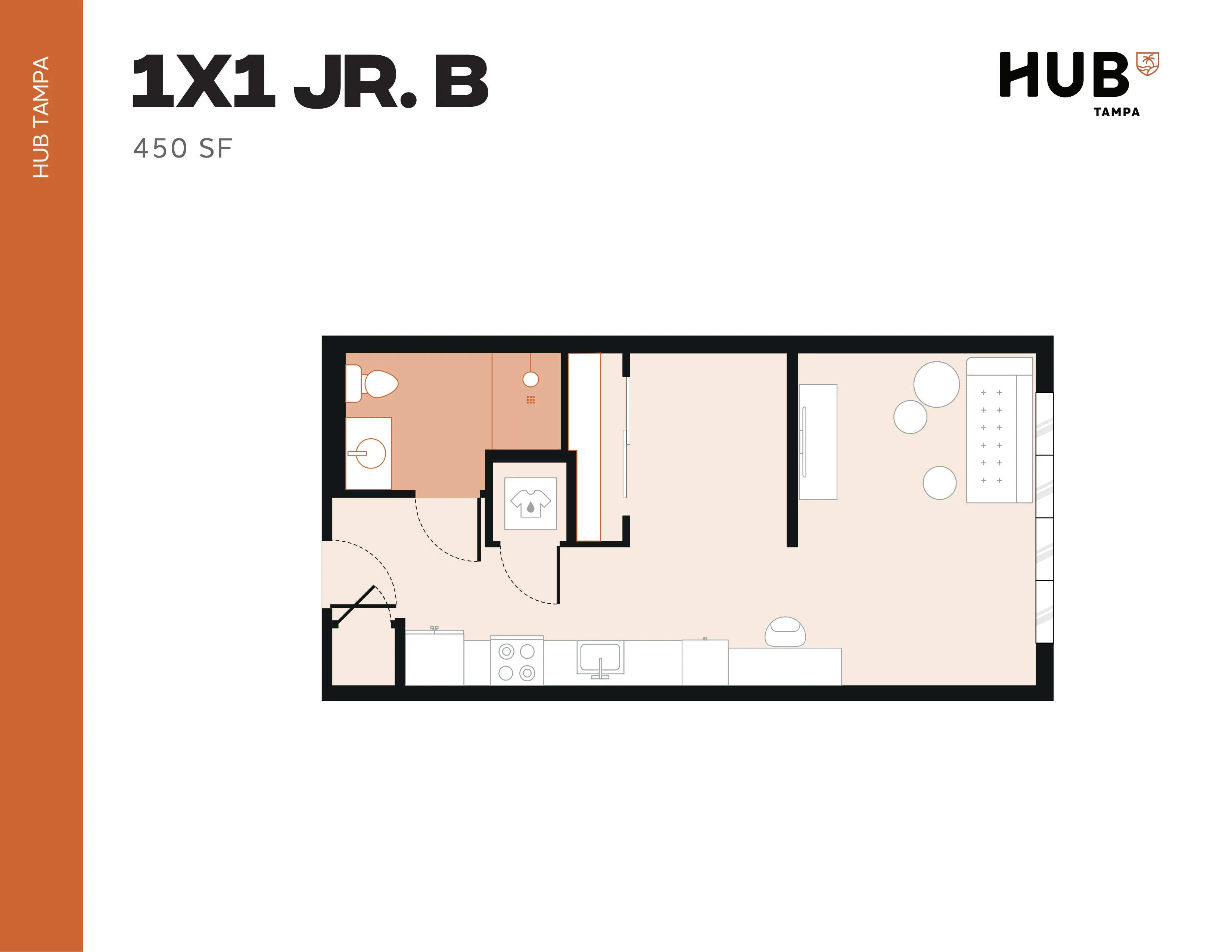 Modern 1-bedroom floor plan at HUB Tampa, 450 sq ft, featuring an efficient layout with a cozy living area and compact kitchen.