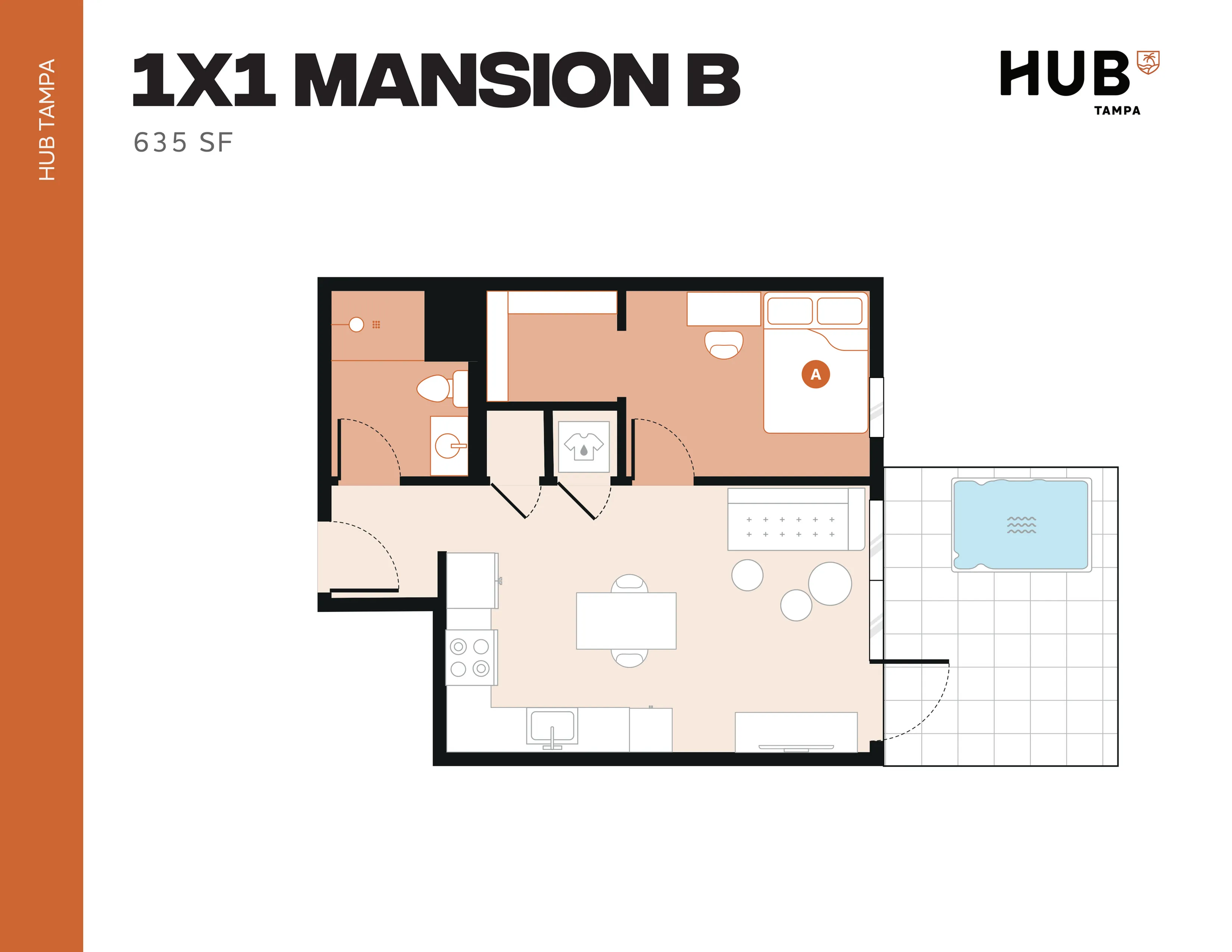 Sophisticated 1x1 Mansion B floor plan showcasing 1 bedroom, a modern kitchen, cozy living area, and inviting bathroom, with a private outdoor space, 635 sq ft in Hub Tampa.