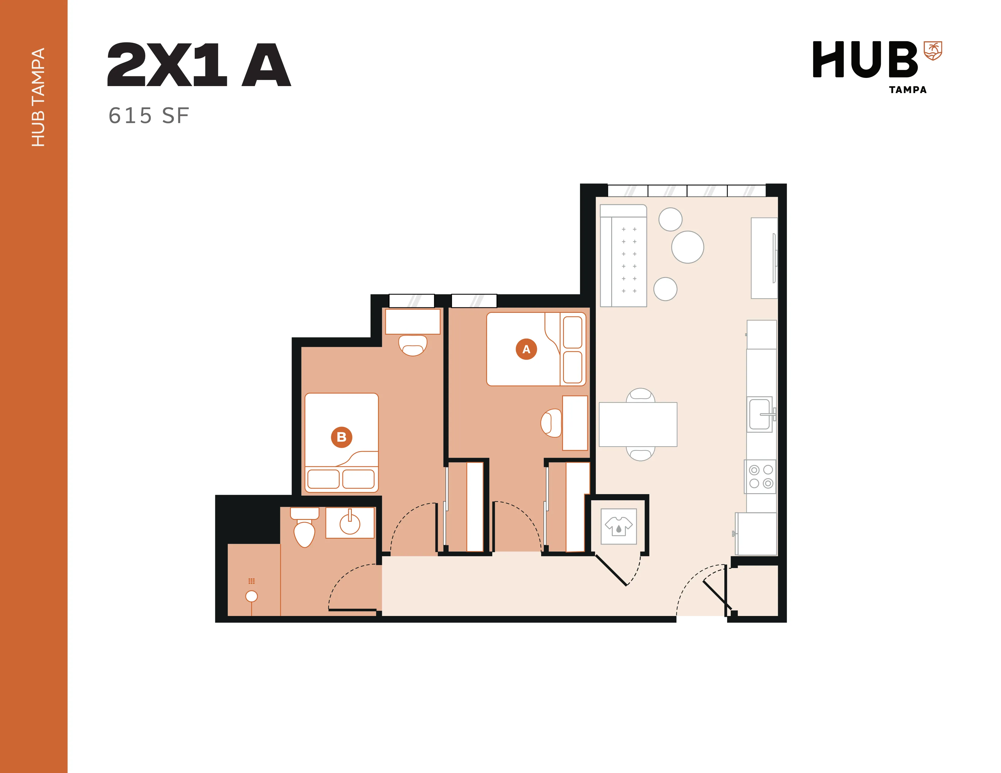 Contemporary HUB Tampa floor plan showcasing a cozy 2-bedroom layout with an open-concept living area and modern kitchen, spanning 615 square feet.