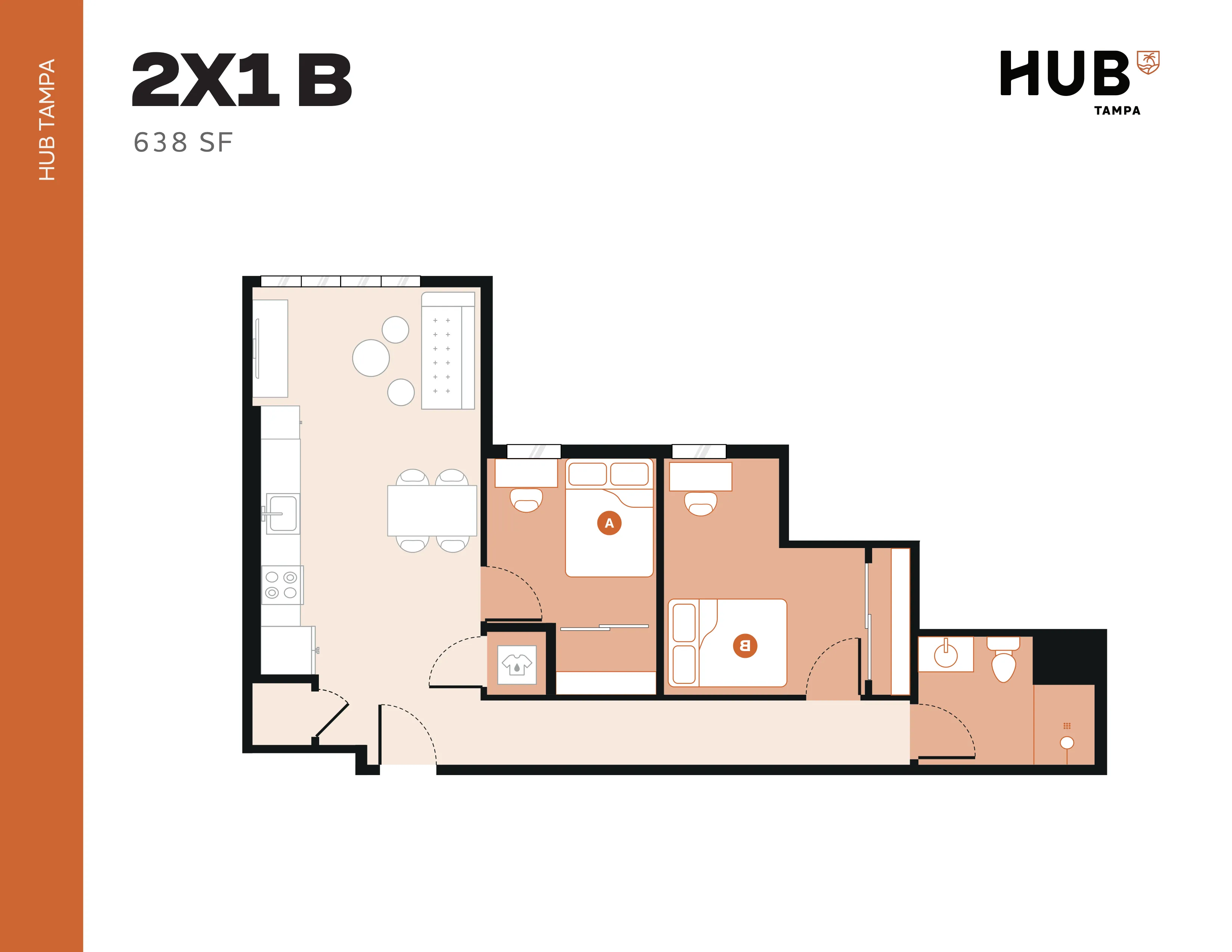 Contemporary 2X1 B floor plan at HUB Tampa with 2 bedrooms, a modern kitchen, and efficient design in 638 sq ft.