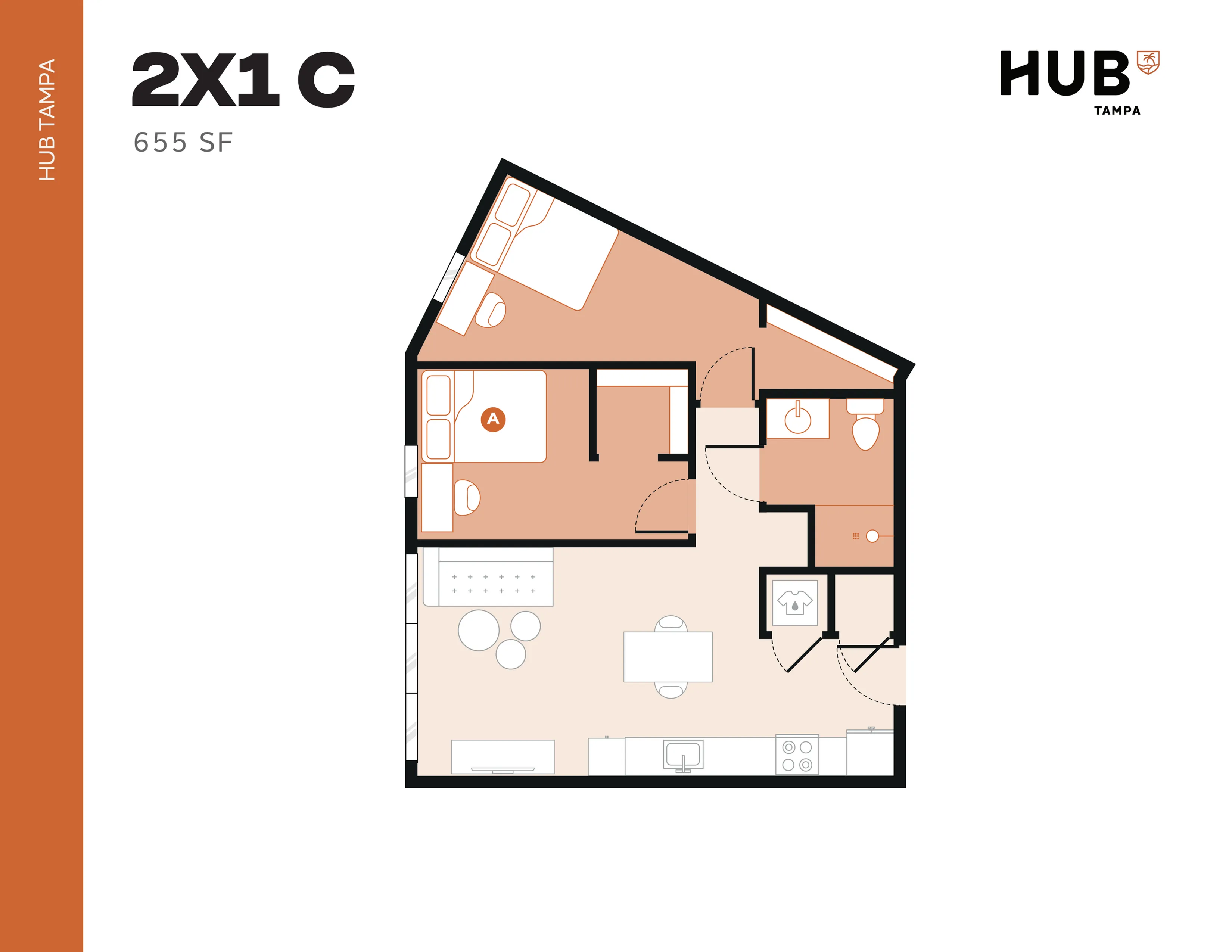 Modern Hub Tampa 2X1C floor plan featuring 2 bedrooms, a stylish open living area, and a functional kitchen within 655 sq ft.