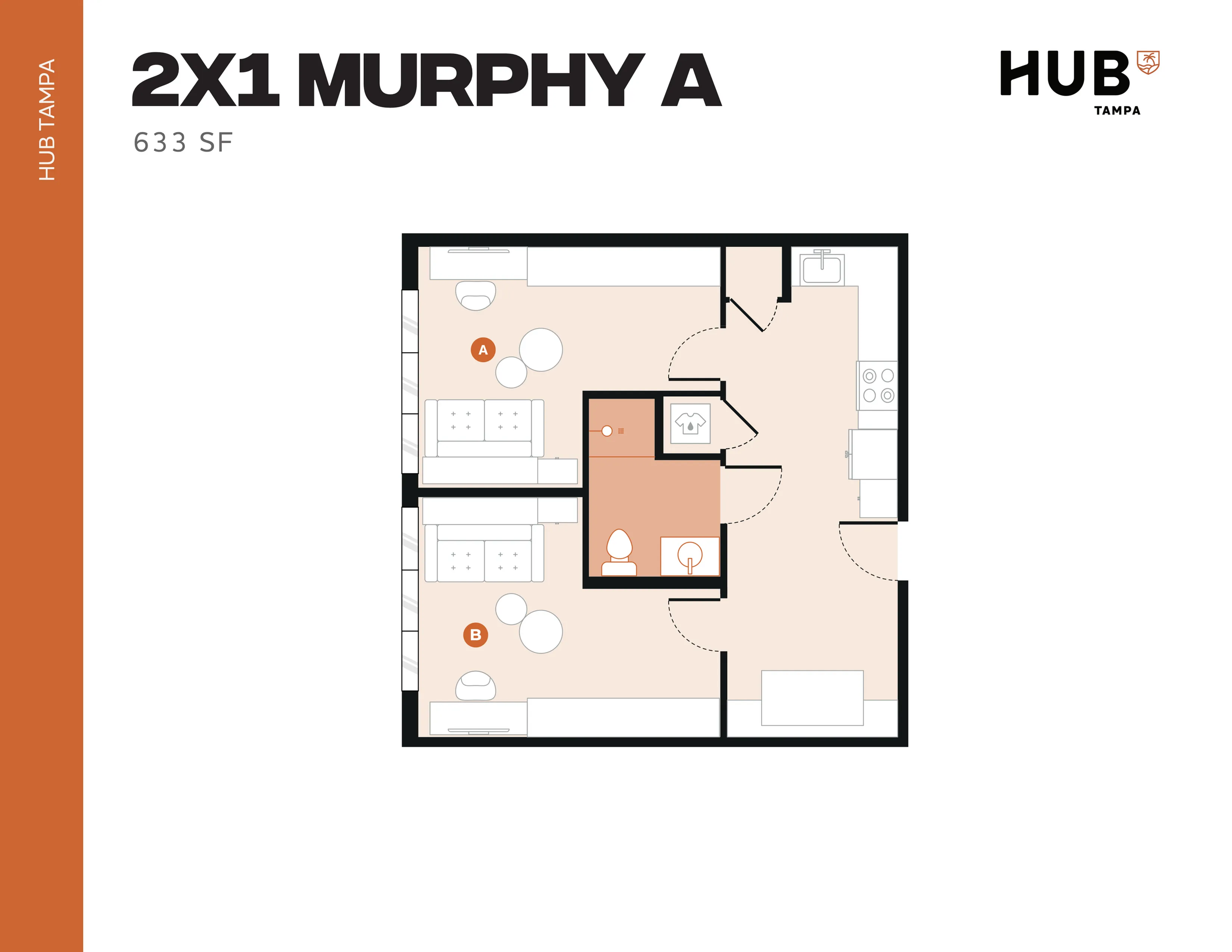 Modern 2X1 Murphy A floor plan at Hub Tampa featuring 633 sq ft, showcasing two cozy bedrooms, an inviting living area, and a functional kitchen layout.